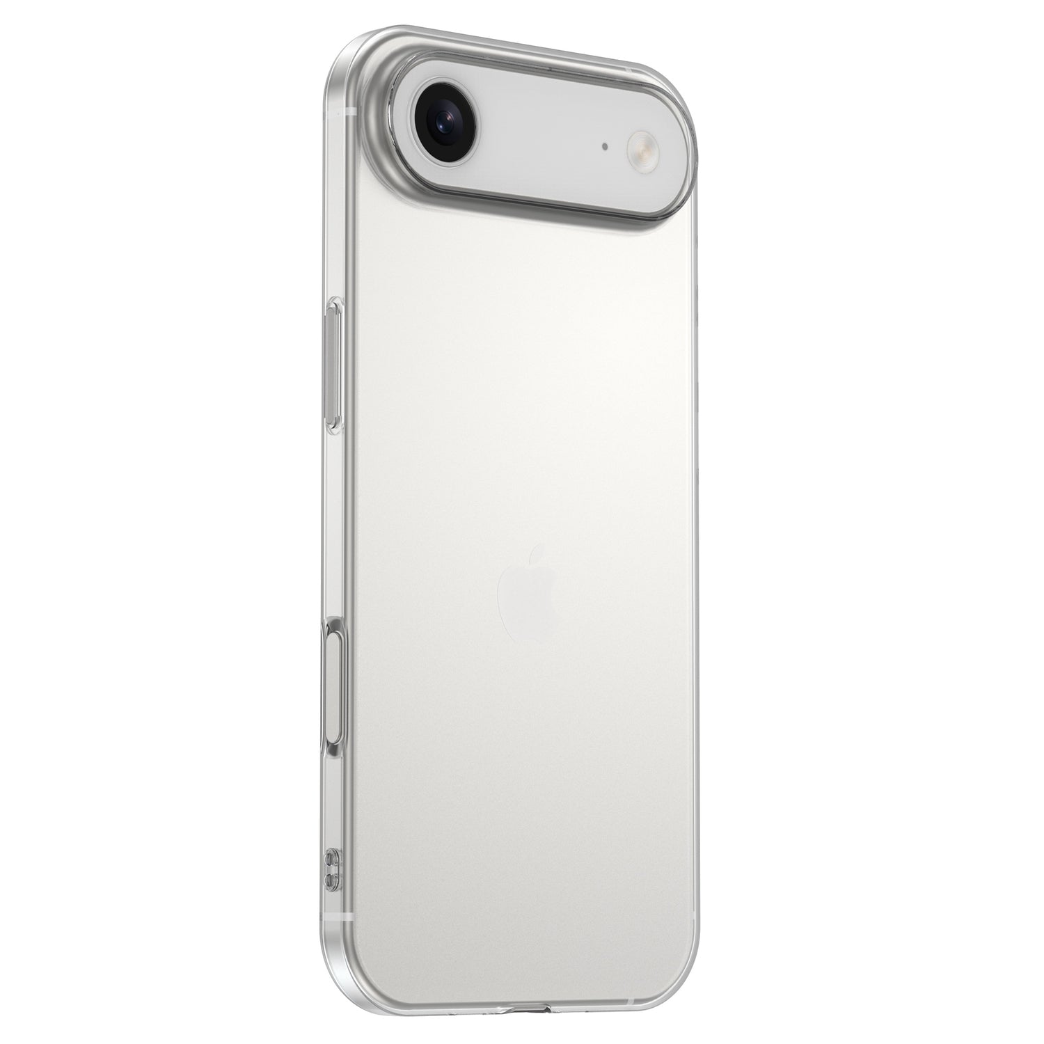 Ein silbernes Smartphone mit dem arktis iPhone 17 Air ZERO Case - einer ultradünnen, transparenten Hülle von arktis - mit einer einzelnen Rückkamera und Blitz in der oberen linken Ecke.