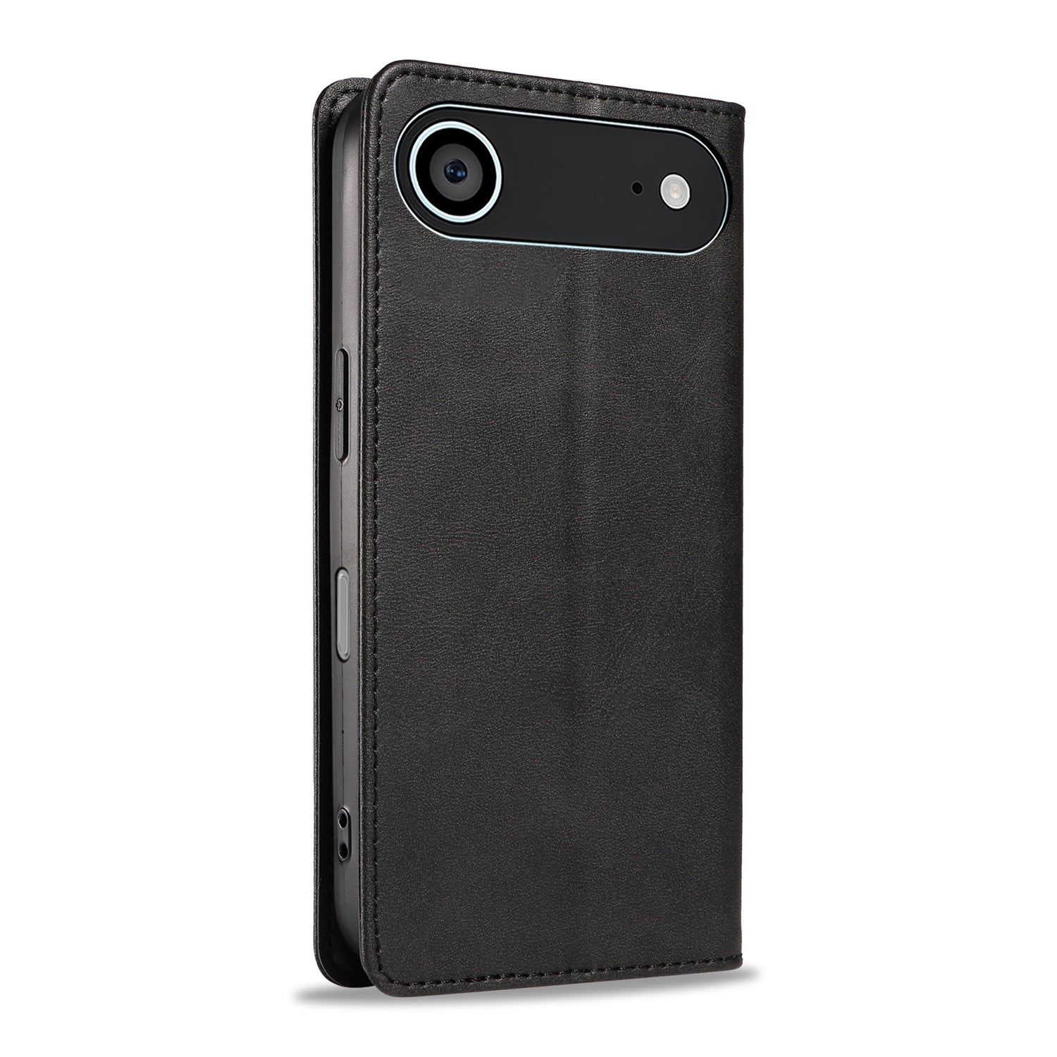 Ein arktis iPhone 17 Air Book Case in schwarzem Kunstleder steht aufrecht auf weißem Hintergrund und zeigt die Kameraseite.