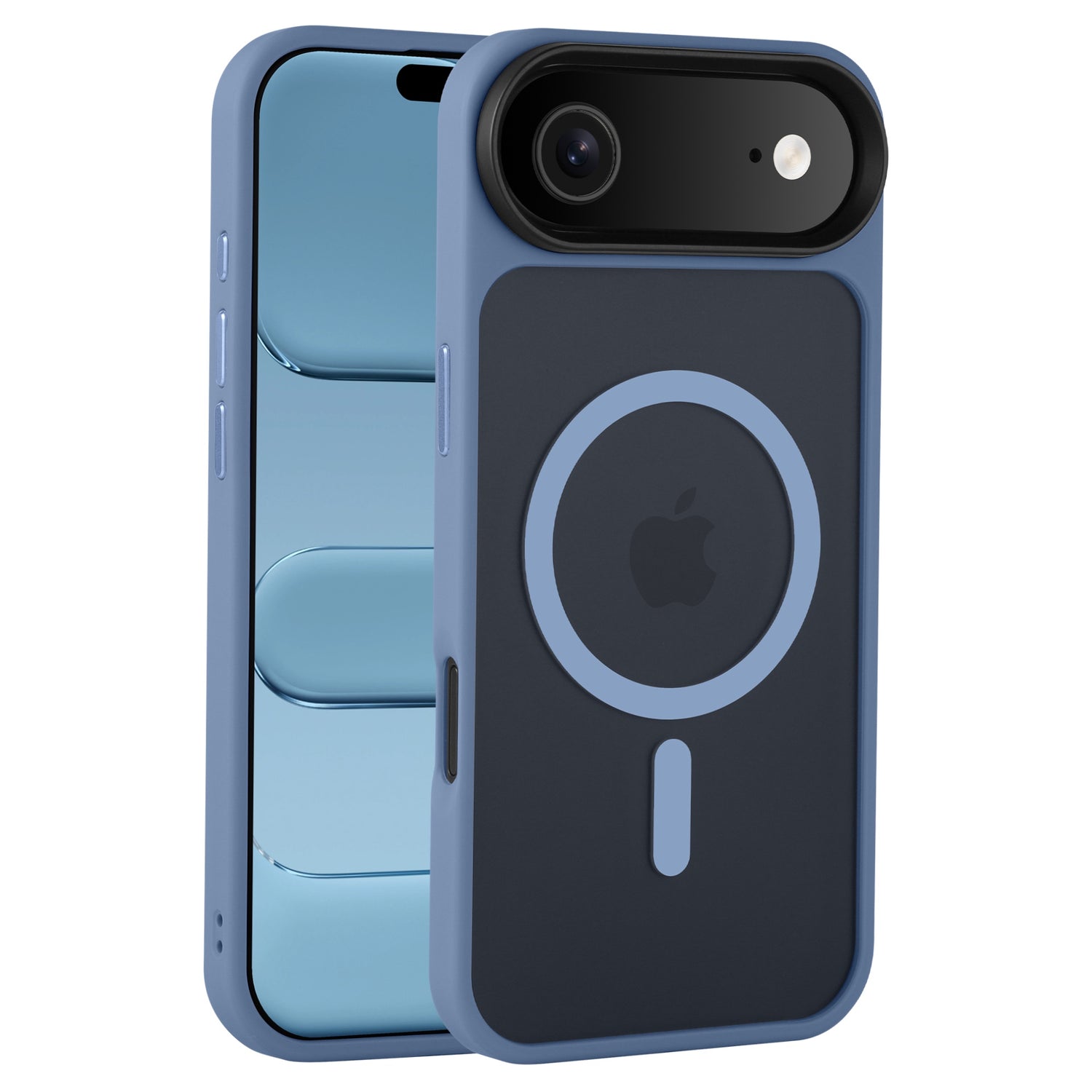 Blaues iPhone mit einem passenden blauen Arktis iPhone Air Solid Case mit MagSafe, das sowohl die Vorder- als auch die Rückseite des Geräts zeigt.