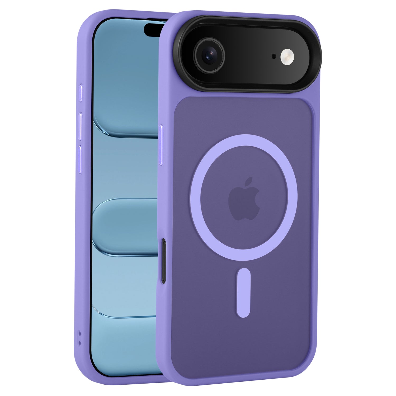 Ein blaues Smartphone in der Arktis iPhone Air Solid Case mit MagSafe, einer lila TPU-Silikon Schutzhülle von Arktis mit Apple-Logo und Kameraausschnitt.