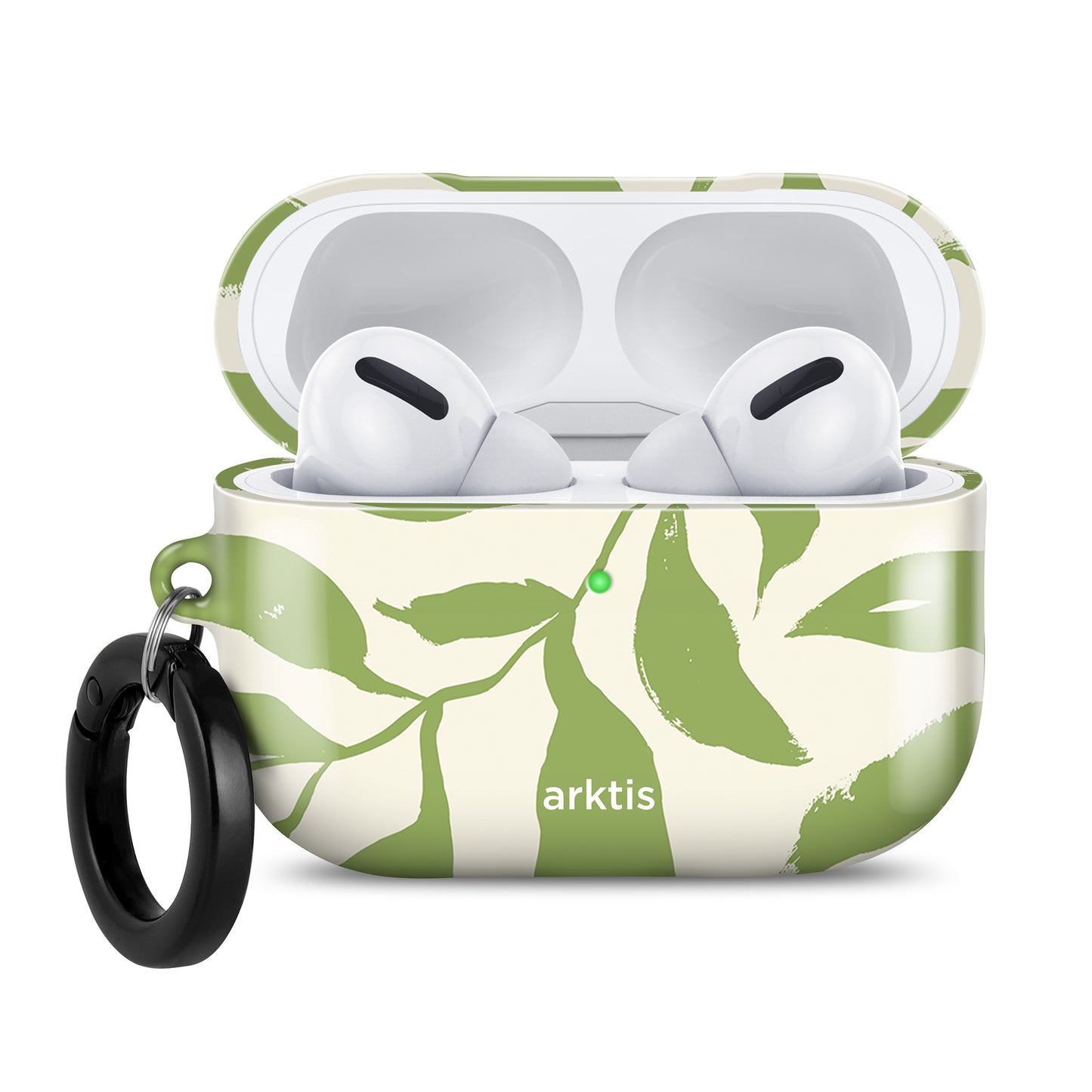Arktis AirPods Pro 3 Hülle – Botanic: Grüne Hülle mit Blattmuster für AirPods Pro von arktis mit schwarzem Schlüsselring. Mit offenem Deckel, sichtbarem arktis-Logo und Unterstützung für kabelloses Laden für mehr Komfort.