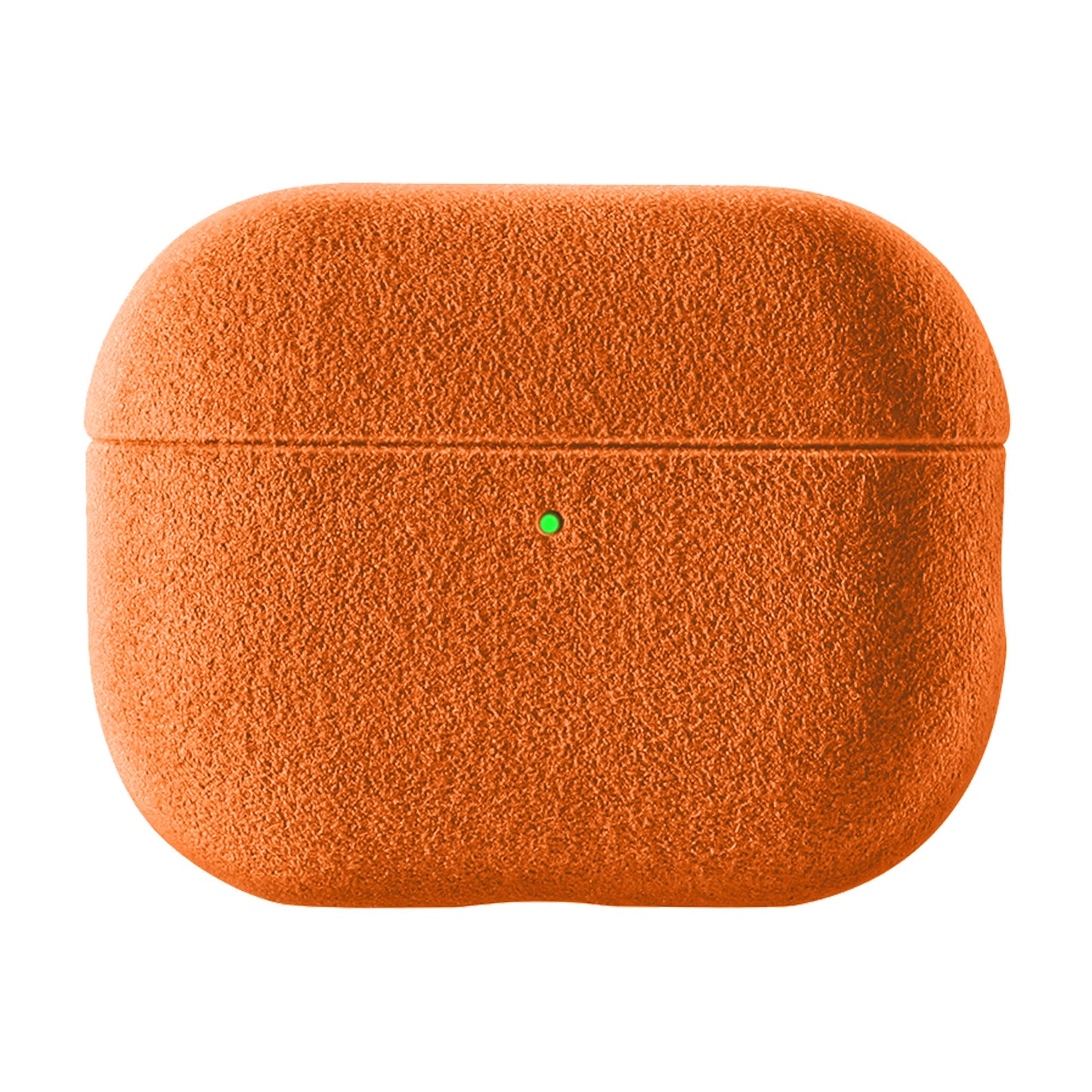 Arktis AirPods 4/5-Hülle aus Alcantara in Orange mit grüner LED-Anzeige vor weißem Hintergrund.