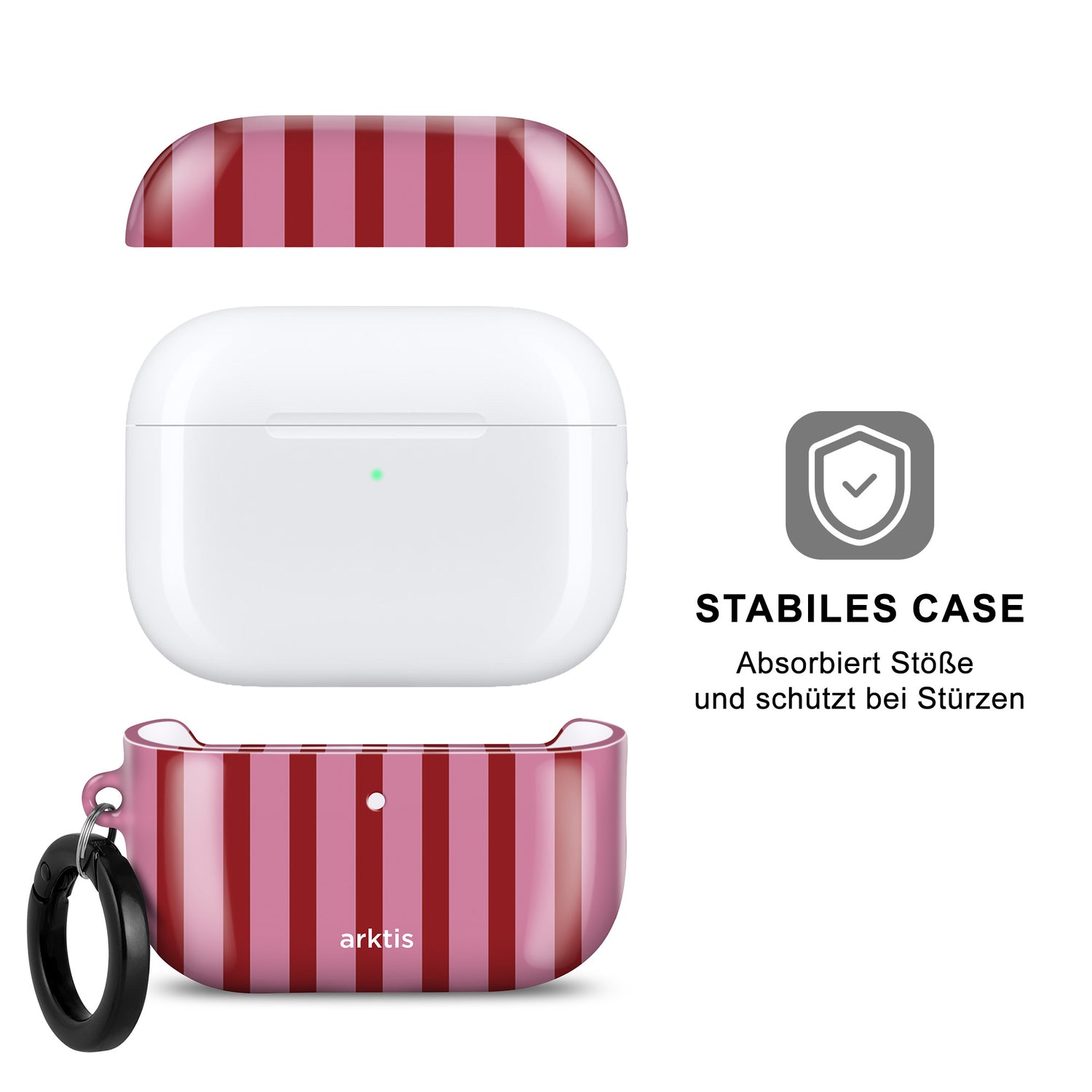 Weißes Etui für kabellose Ohrhörer: „Arktis AirPods Pro 3 Hülle – Stripes“ von arktis, mit roten Streifen und deutschem Text zu Stabilität, Schutz und kabellosem Laden.
