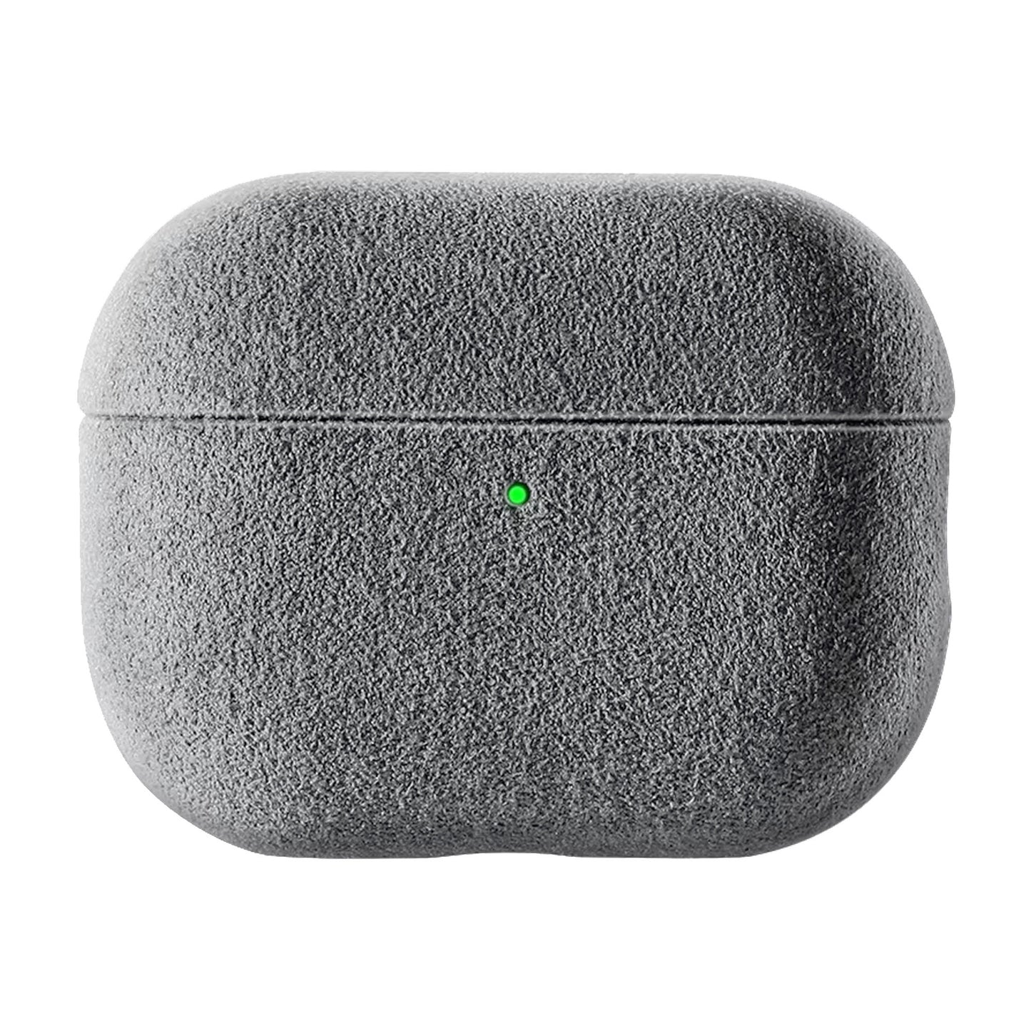 Arktis AirPods 4/5 Alcantara-Etui in Grau mit grünem Licht, abgebildet auf weißem Hintergrund.