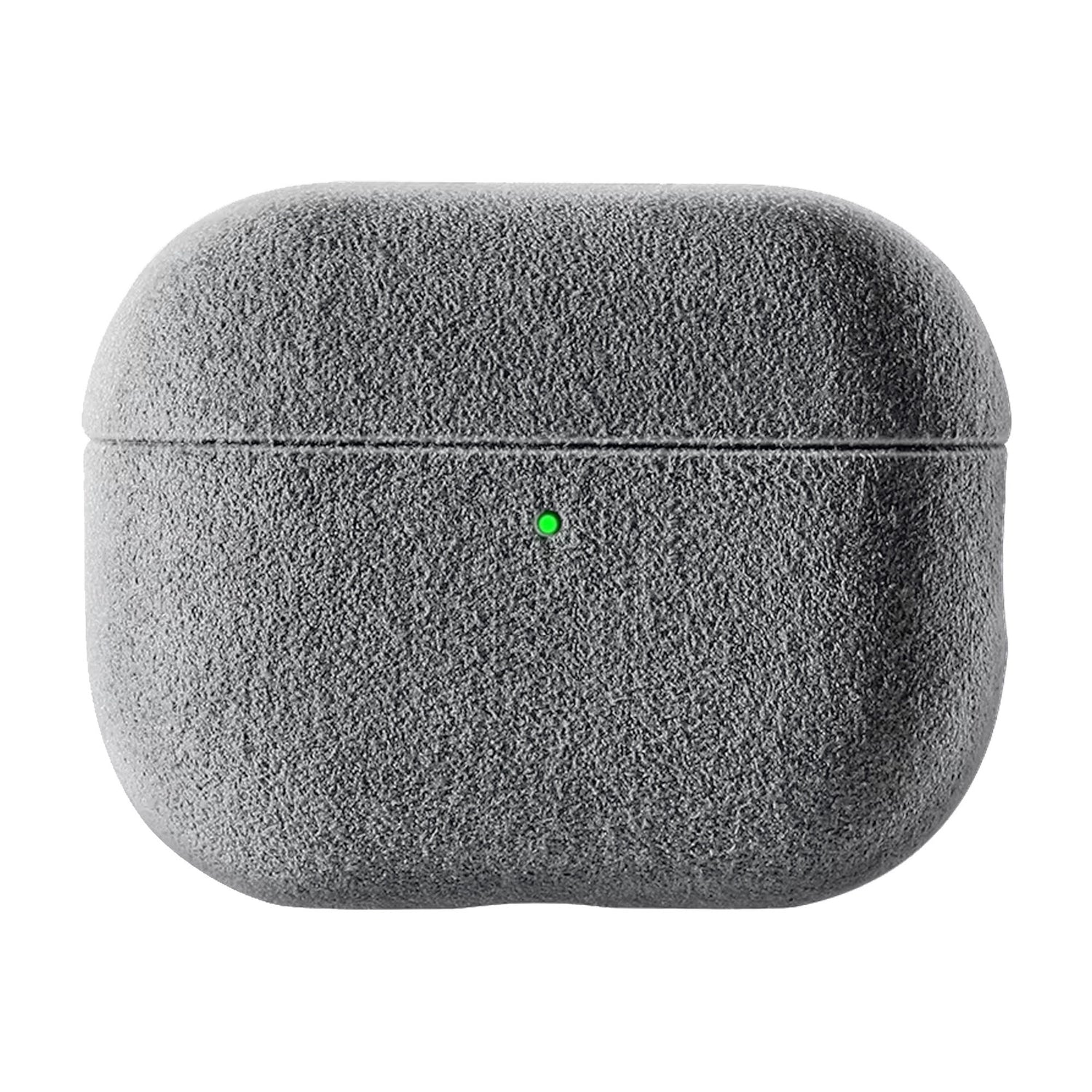 Arktis AirPods 4/5 Alcantara-Etui in Grau mit grünem Licht, abgebildet auf weißem Hintergrund.