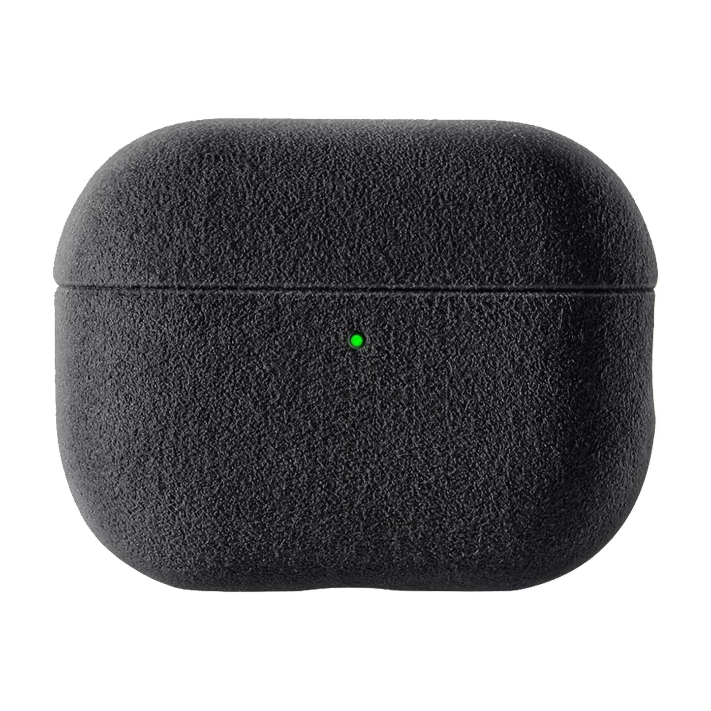 Arktis AirPods 4/5 Alcantara-Etui in Schwarz mit grüner Kontrollleuchte, abgebildet auf weißem Hintergrund.