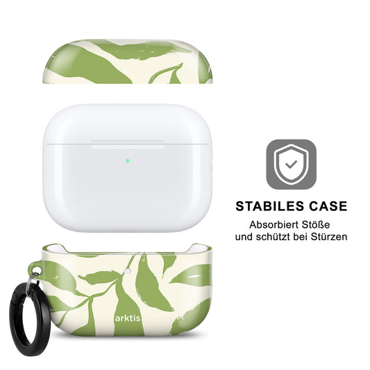 Die arktis AirPods Pro 3 Hülle – Botanic besticht durch ein grün-weißes Blattdesign, wird mit einem schwarzen Karabinerhaken geliefert, unterstützt kabelloses Laden und bietet stilvollen Schutz für Ihre AirPods.