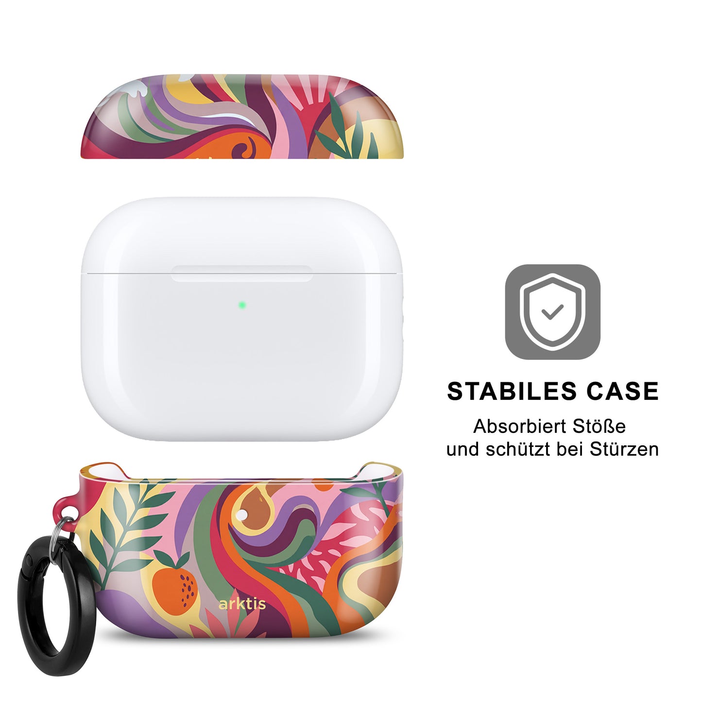 Die „arktis AirPods Pro 3 Hülle – Summer“ von arktis besticht durch ein farbenfrohes Muster, einen schwarzen Karabinerhaken, robusten Schutz und unterstützt das kabellose Laden. Zur Veranschaulichung der Details ist sie hier zerlegt abgebildet.