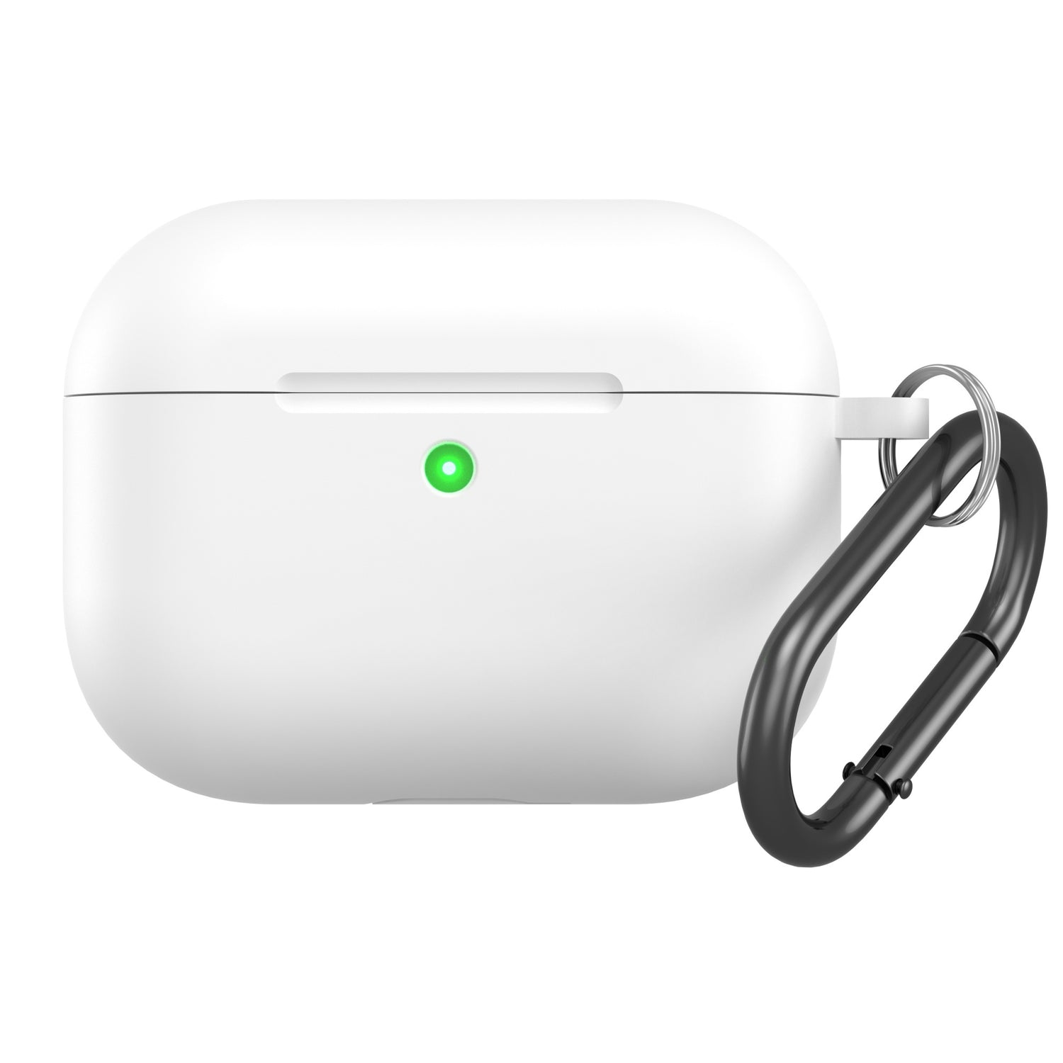 Die arktis AirPods Pro 3 Silikonhülle in Weiß verfügt über ein grünes Licht und wird mit einem schwarzen Karabinerclip geliefert. Diese stoßfeste Hülle von arktis unterstützt kabelloses Laden und bietet zusätzlichen Schutz und Komfort.