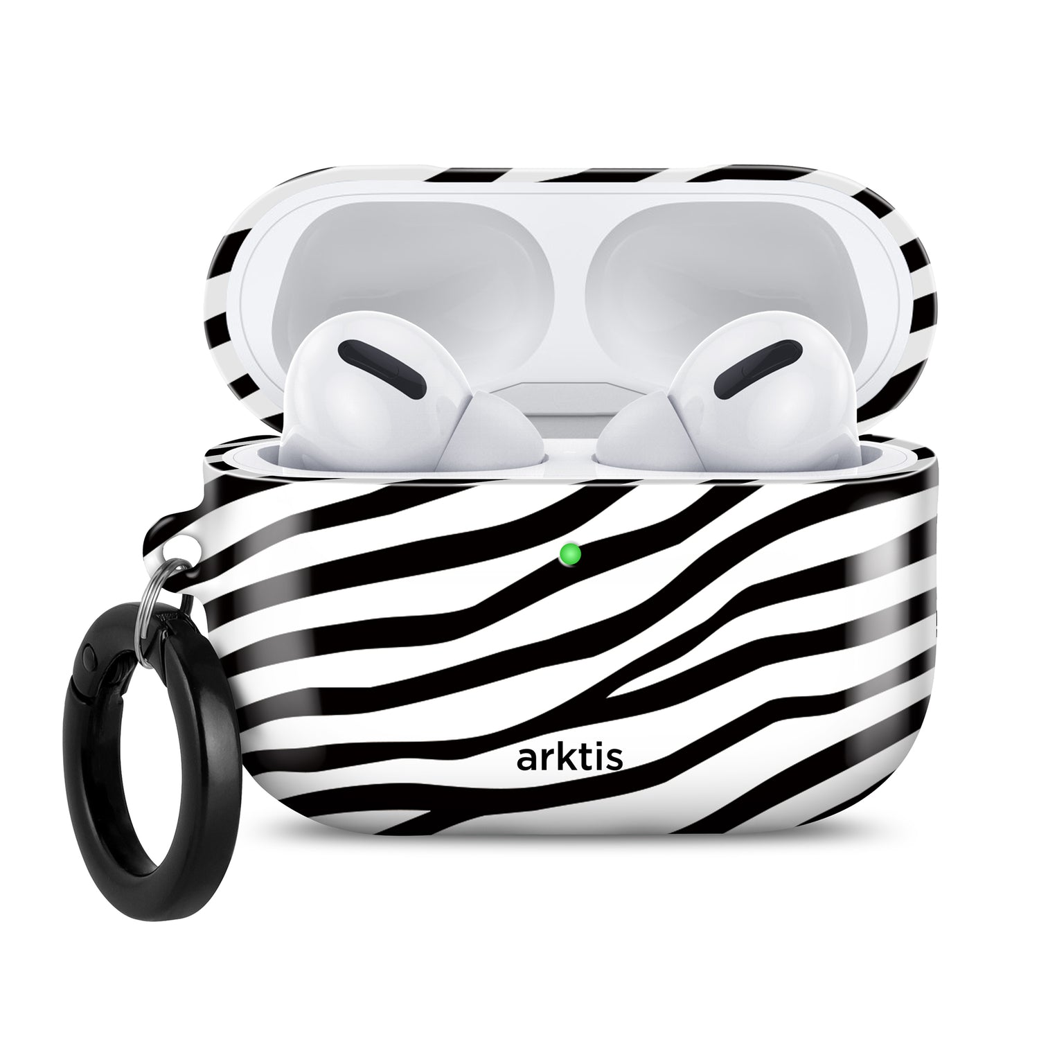 Weiße kabellose Ohrhörer in der „Arktis AirPods Pro 3“-Hülle – Zebra, mit einem Etui im Zebrastreifen-Design und einem schwarzen Schlüsselring von arktis. Dieses stilvolle Accessoire schützt Ihre AirPods Pro 3 und verleiht ihnen eine persönliche Note.