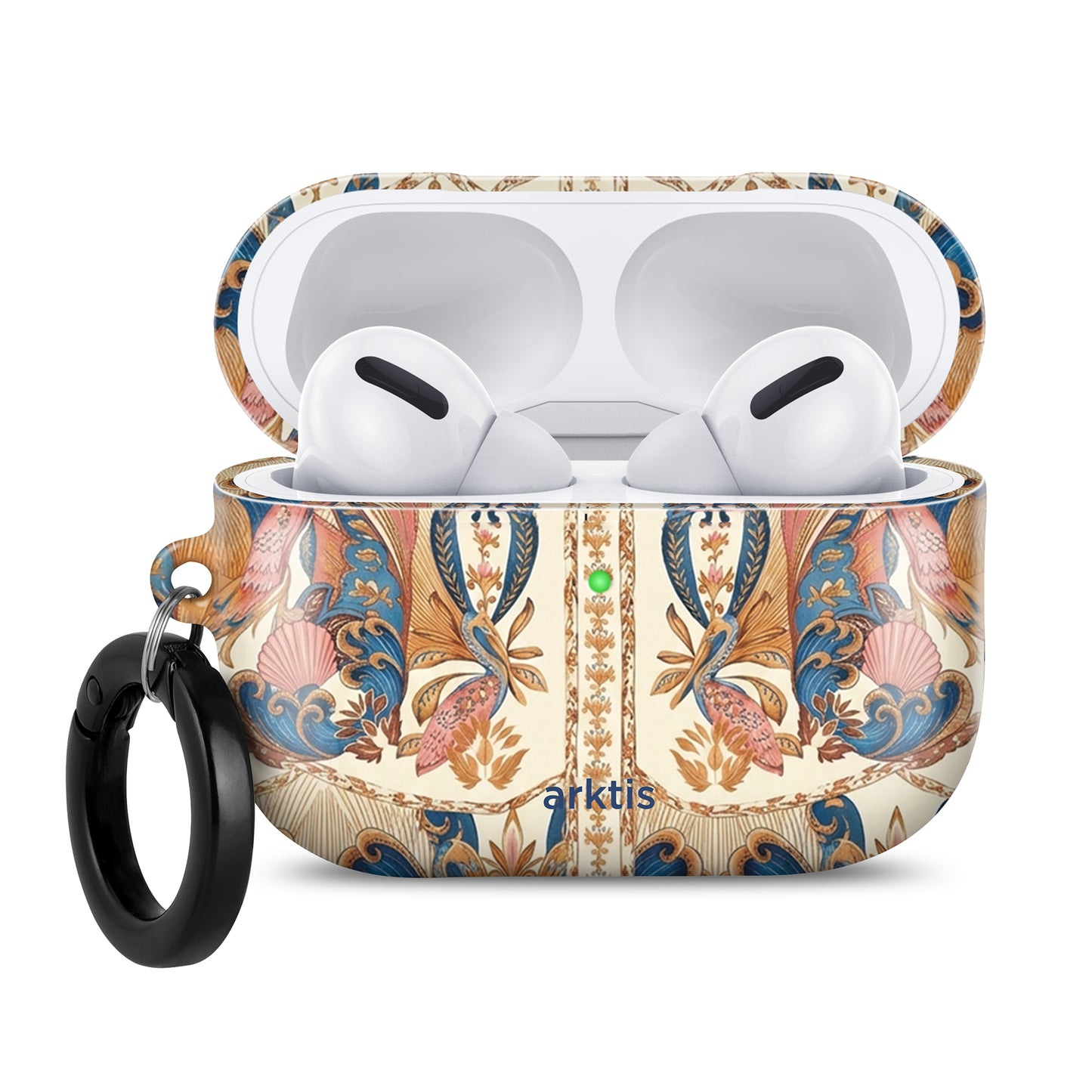 Die arktis AirPods Pro 3 Hülle – Peacock Palace besticht durch ein kunstvolles Blumenmuster und einen schwarzen Schlüsselring – ideal für das kabellose Laden und den Schutz Ihrer AirPods Pro.