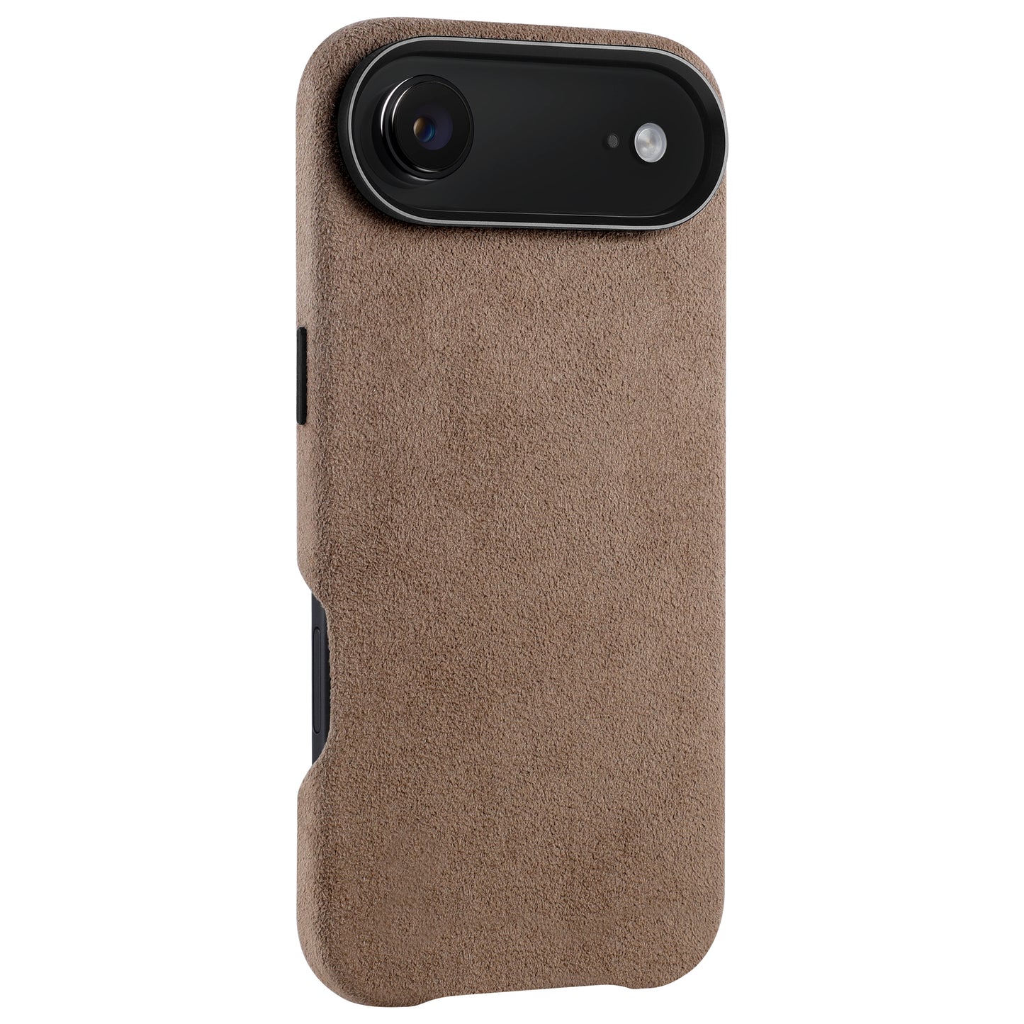 Die arktis iPhone Air Hülle aus Alcantara von arktis zeichnet sich durch braunes Wildleder, eine schwarze Kameraaussparung und abgerundete Kanten für einen eleganten Look aus - MagSafe kompatibel und auf weißem Hintergrund abgebildet.