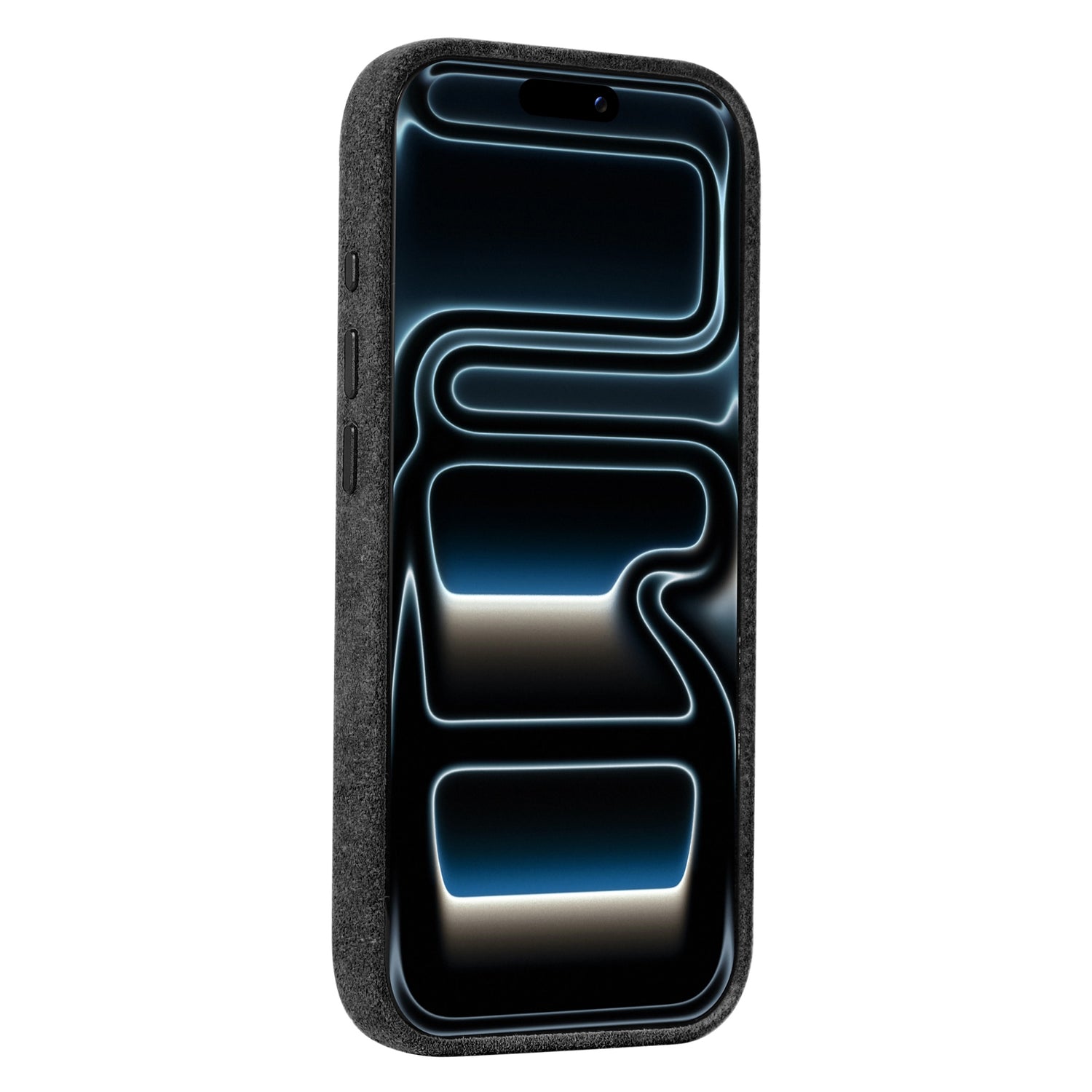 Die arktis iPhone 17 Pro Hülle aus Alcantara von arktis ist eine dunkle, MagSafe-kompatible Hülle, die ein abstraktes, blau-weiß leuchtendes Muster auf dem Display des Telefons zeigt.