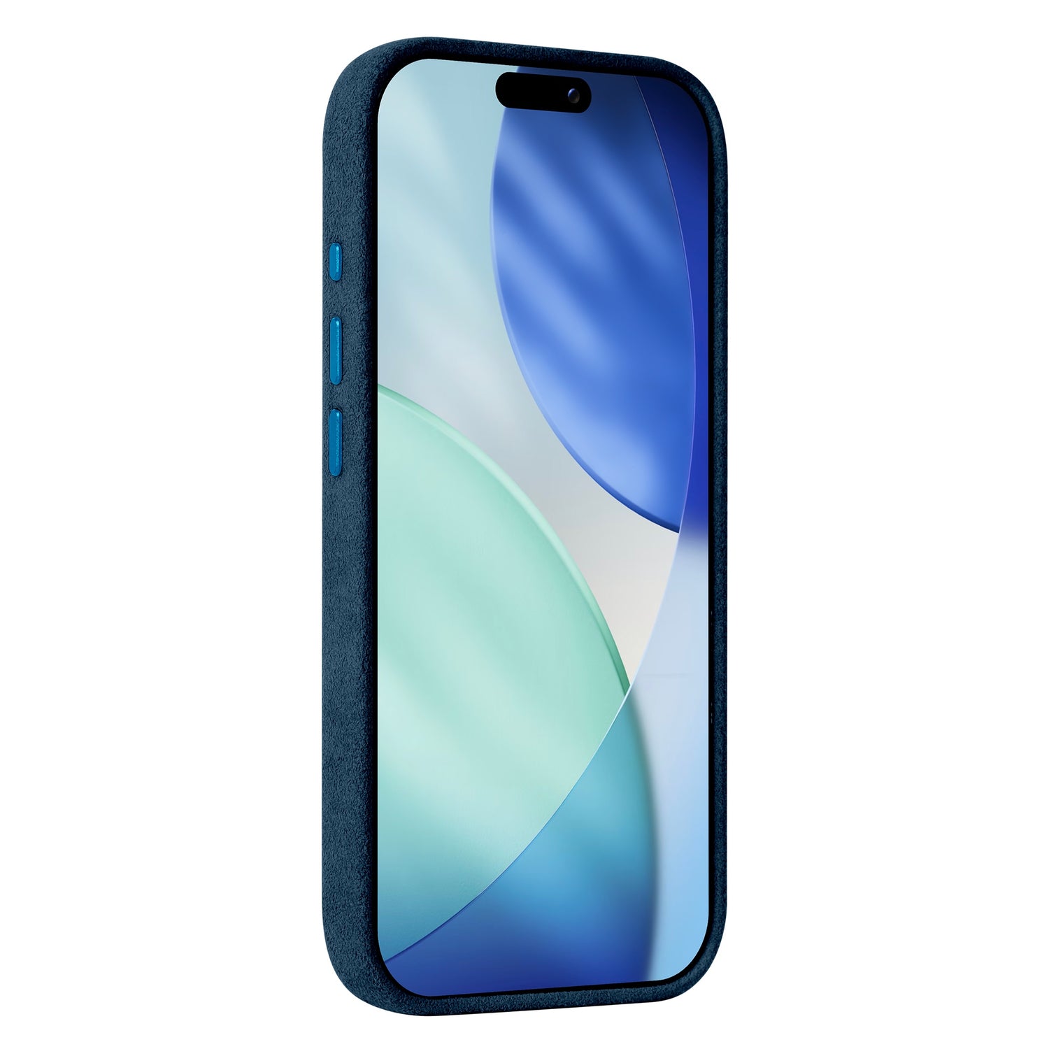 Eine arktis iPhone 17 Pro Hülle aus Alcantara in Blau, gesehen aus einem Winkel auf einem Smartphone, mit einem blauen und grünen abstrakten Hintergrundbild.