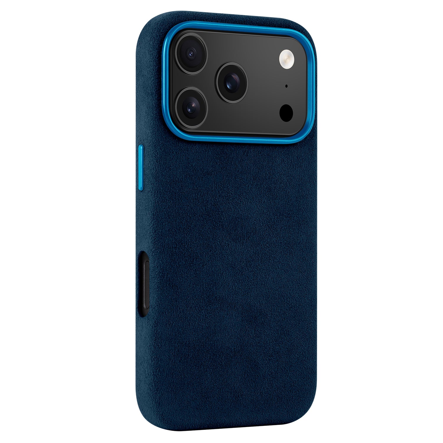 Die arktis iPhone 17 Pro Hülle aus Alcantara bietet mit ihrer marineblauen, strukturierten Oberfläche und dem hellblauen, erhabenen Kamerabuckel nicht nur ein stilvolles Aussehen, sondern auch zuverlässigen Schutz.
