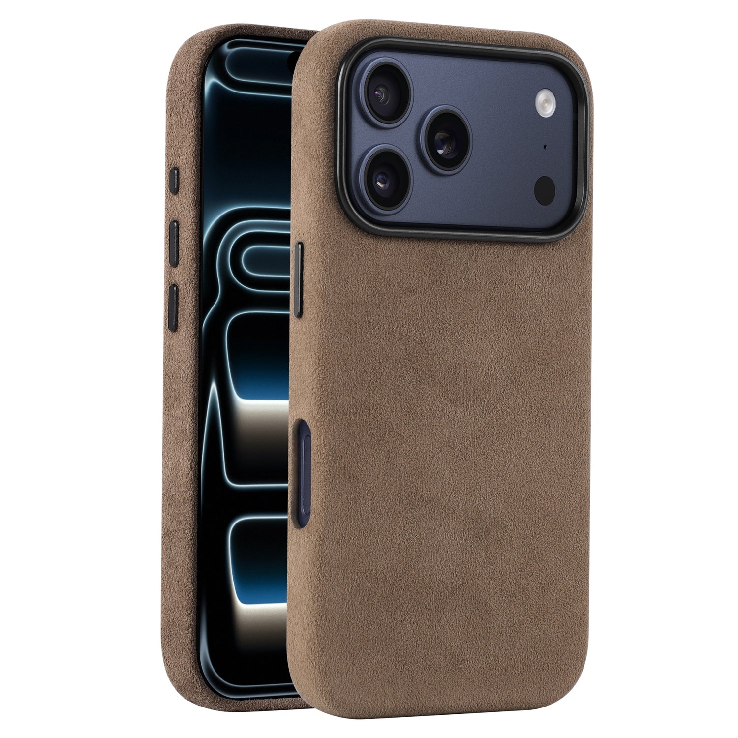 Die arktis iPhone 17 Pro Hülle aus Alcantara, hier in braunem Wildleder, setzt sowohl das Frontdisplay als auch die Rückkamera elegant in Szene. Sie wird in Italien von arktis hergestellt und garantiert Premium-Qualität und Stil für Ihr Gerät.