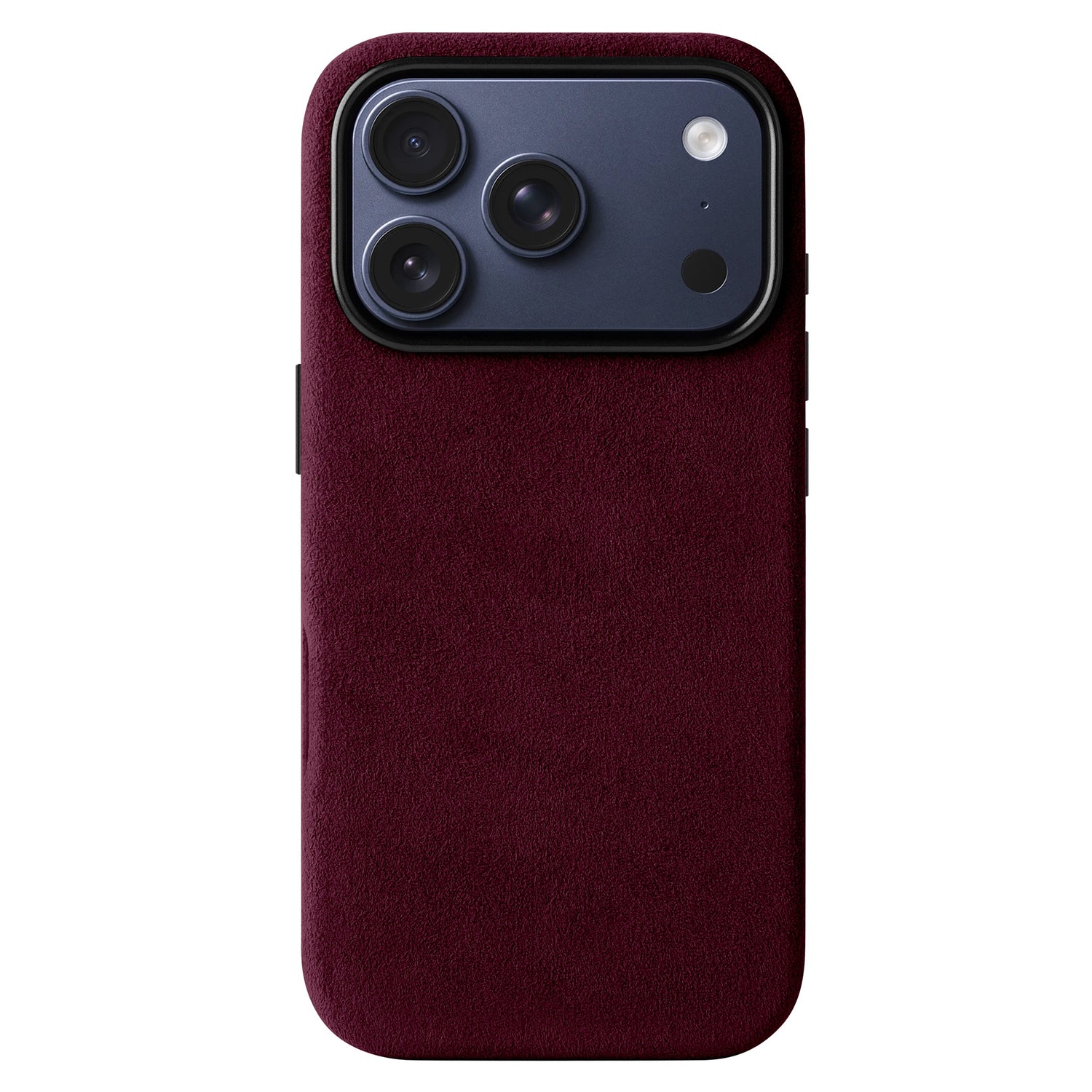 Eine in Italien gefertigte arktis iPhone 17 Pro Hülle aus Alcantara in Burgunderrot setzt das rückseitige Kameramodul des Smartphones elegant in Szene.