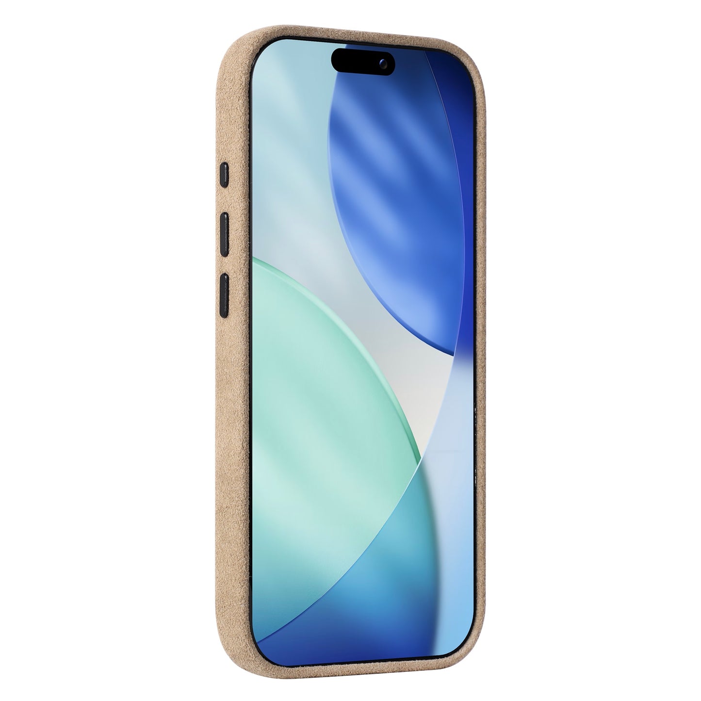 Die arktis iPhone 17 Pro Hülle aus Alcantara zeichnet sich durch eine blau-grüne abstrakte Tapete und eine hellbraune Hülle aus, hier von vorne links. Sie wird in Italien hergestellt und verbindet Stil und Eleganz mit der hochwertigen Handwerkskunst von arktis.