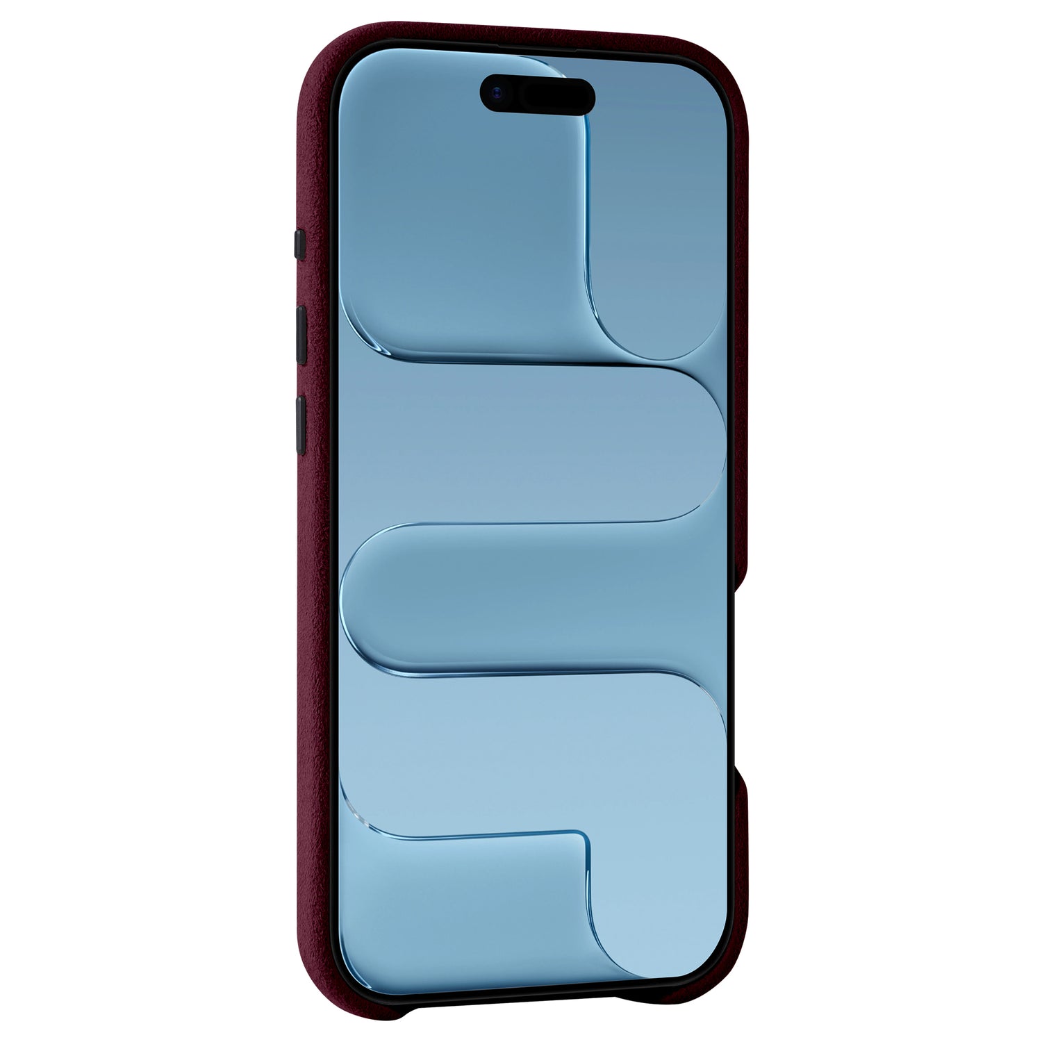 Eine kastanienbraune arktis iPhone Air Hülle aus Alcantara von arktis, MagSafe kompatibel, abgebildet auf einem Smartphone mit einem blauen abstrakten Design auf dem Bildschirm.