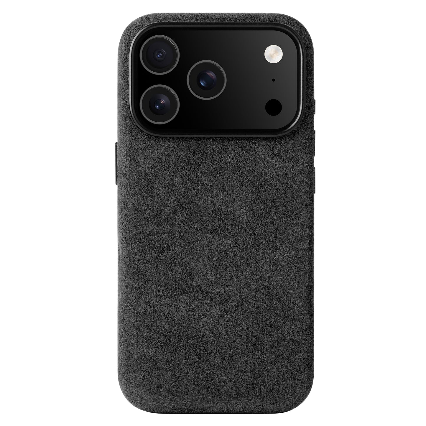 Die arktis iPhone 17 Pro Hülle aus Alcantara ist eine in Italien gefertigte, schwarze Wildlederhülle, die für drei Kameraobjektive und einen Blitz ausgelegt ist.