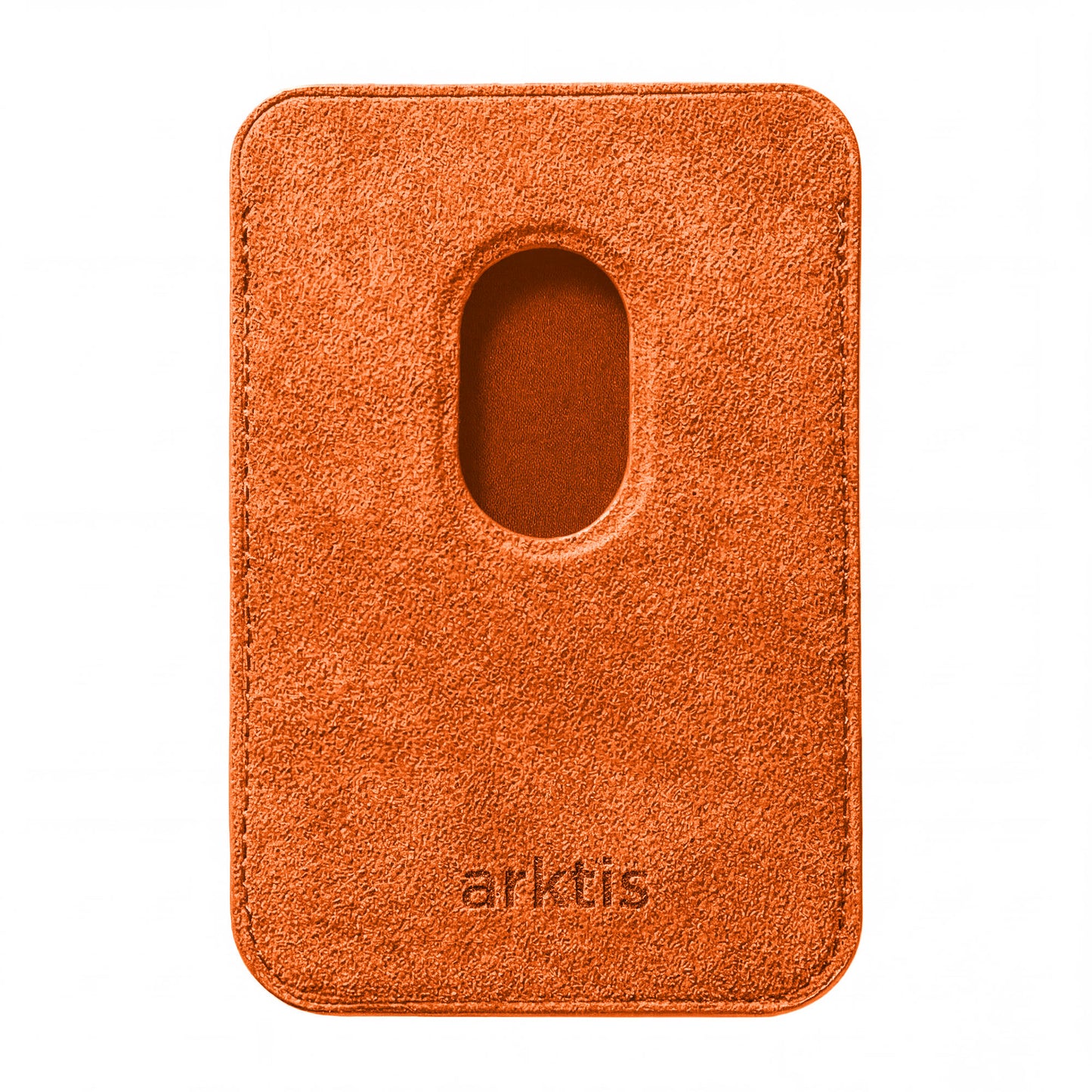 Der arktis iPhone MagSafe Kartenhalter aus Alcantara ist ein orangefarbener Kartenhalter mit ovalem Ausschnitt und geprägtem arktis-Logo unten - ideal als stilvolle Ergänzung für dein iPhone Wallet Setup.