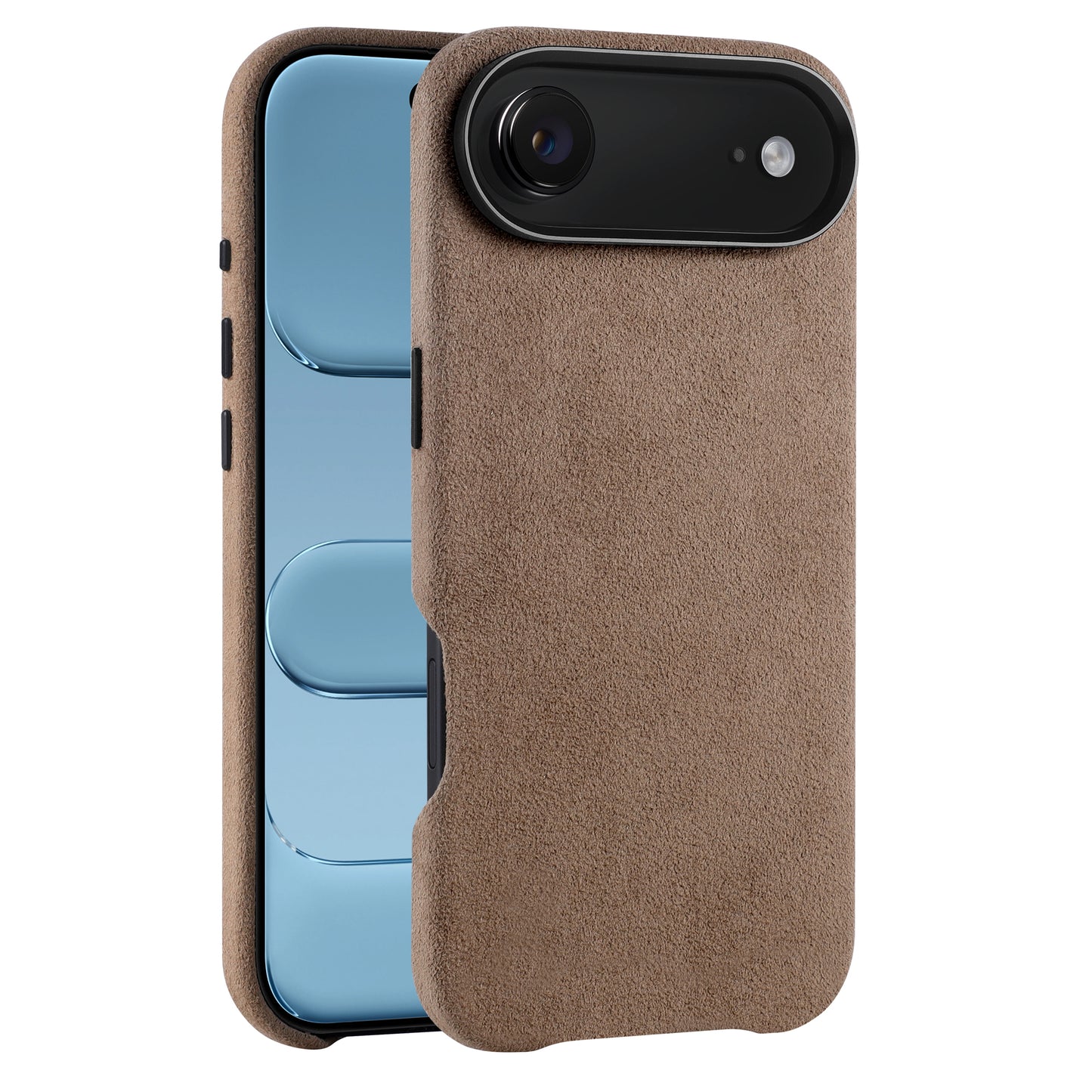 Die arktis iPhone Air Hülle aus Alcantara in Braun bietet eine wildlederähnliche Oberfläche auf einem blauen Telefon, dargestellt von der Rückseite und der Seite. MagSafe kompatibel - idealer Schutz für dein iPhone 17 Air.