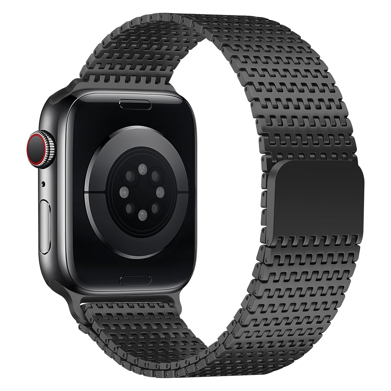 Das Arktisband Apple Watch Edelstahlarmband „Aurora“ in Schwarz wird von der Rückseite gezeigt, wobei die Sensoren und der Magnetverschluss hervorgehoben werden.