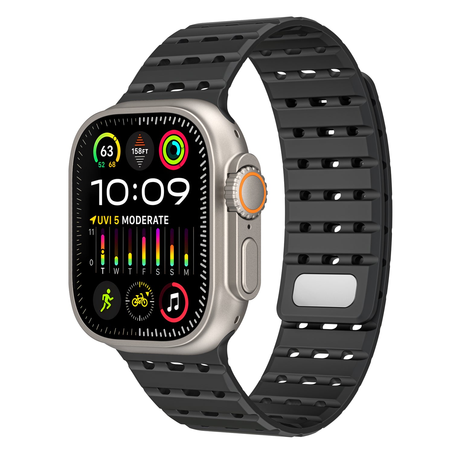 Eine arktis Apple Watch mit rechteckigem Bildschirm und einem schwarzen perforierten magnetischen Silikonarmband „Power“ von arktis zeigt auf ihrer farbenfrohen digitalen Oberfläche Uhrzeit, Datum, Fitnessstatistiken, UV-Index und App-Symbole an.