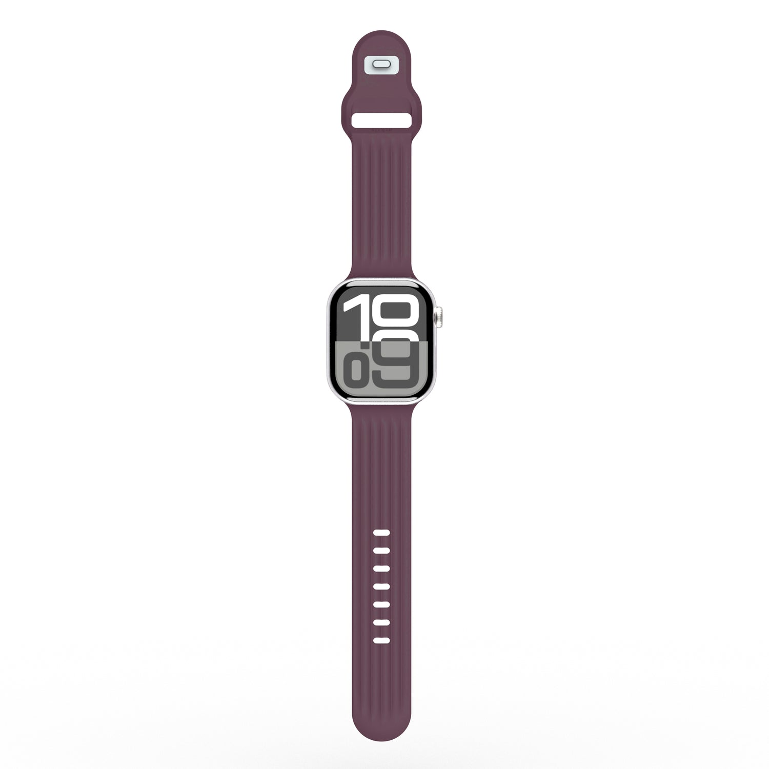 Das arktisband Apple Watch Armband "Skandi" besteht aus einem kastanienbraunen Fluorelastomer-Armband und zeigt ein von Skandi inspiriertes Design auf einer Digitalanzeige, die auf 10:09 eingestellt ist.