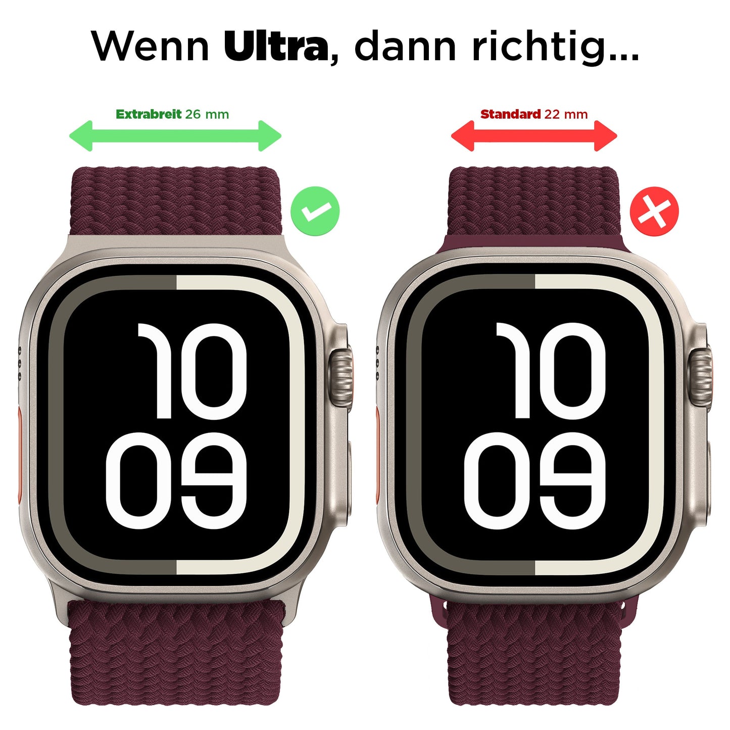 Vergleich zwischen einem 26-mm- und einem 22-mm-Arktisband Casual für die Apple Watch Ultra mit Magnetverschluss.