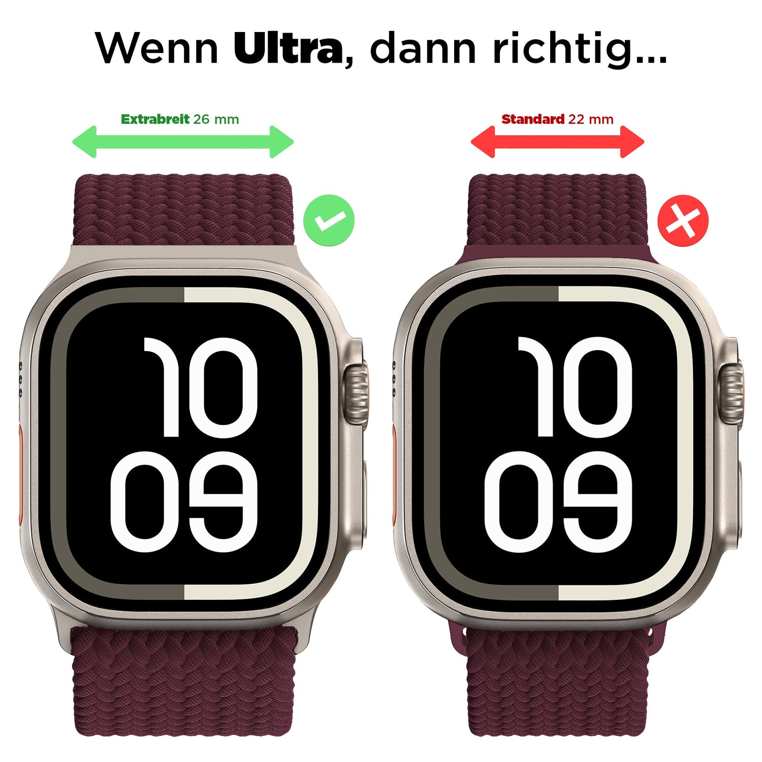 Vergleich zwischen einem 26-mm- und einem 22-mm-Arktisband Casual für die Apple Watch Ultra mit Magnetverschluss.
