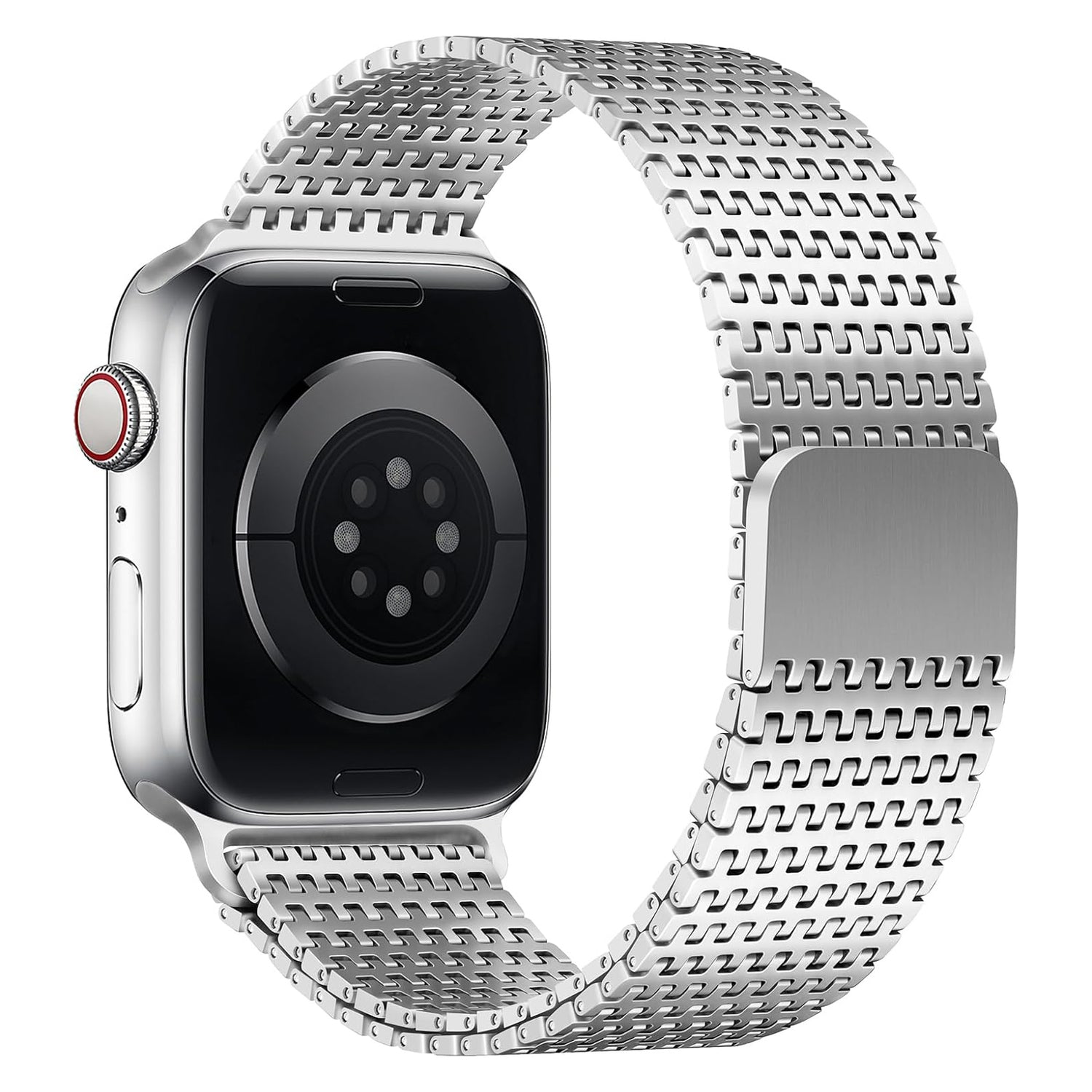 Das arktisband Apple Watch Edelstahl Armband „Aurora“ in Silber wird von der Rückseite mit sichtbarem Sensor und Magnetverschluss gezeigt.