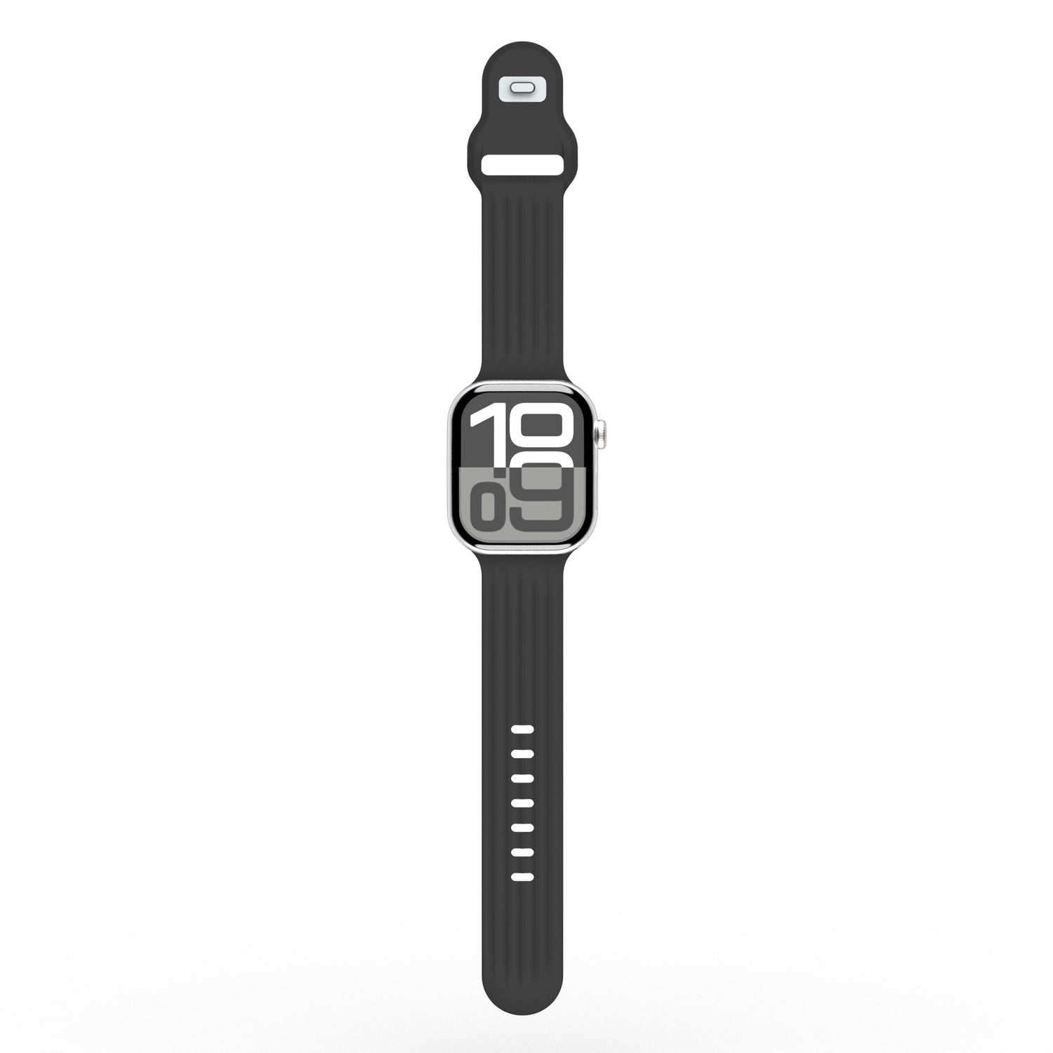 Eine schwarze Smartwatch mit einer großen Digitalanzeige, die 10:09 auf weißem Hintergrund anzeigt, mit dem stylischen und bequemen arktisband Apple Watch Armband "Skandi" von arktisband.
