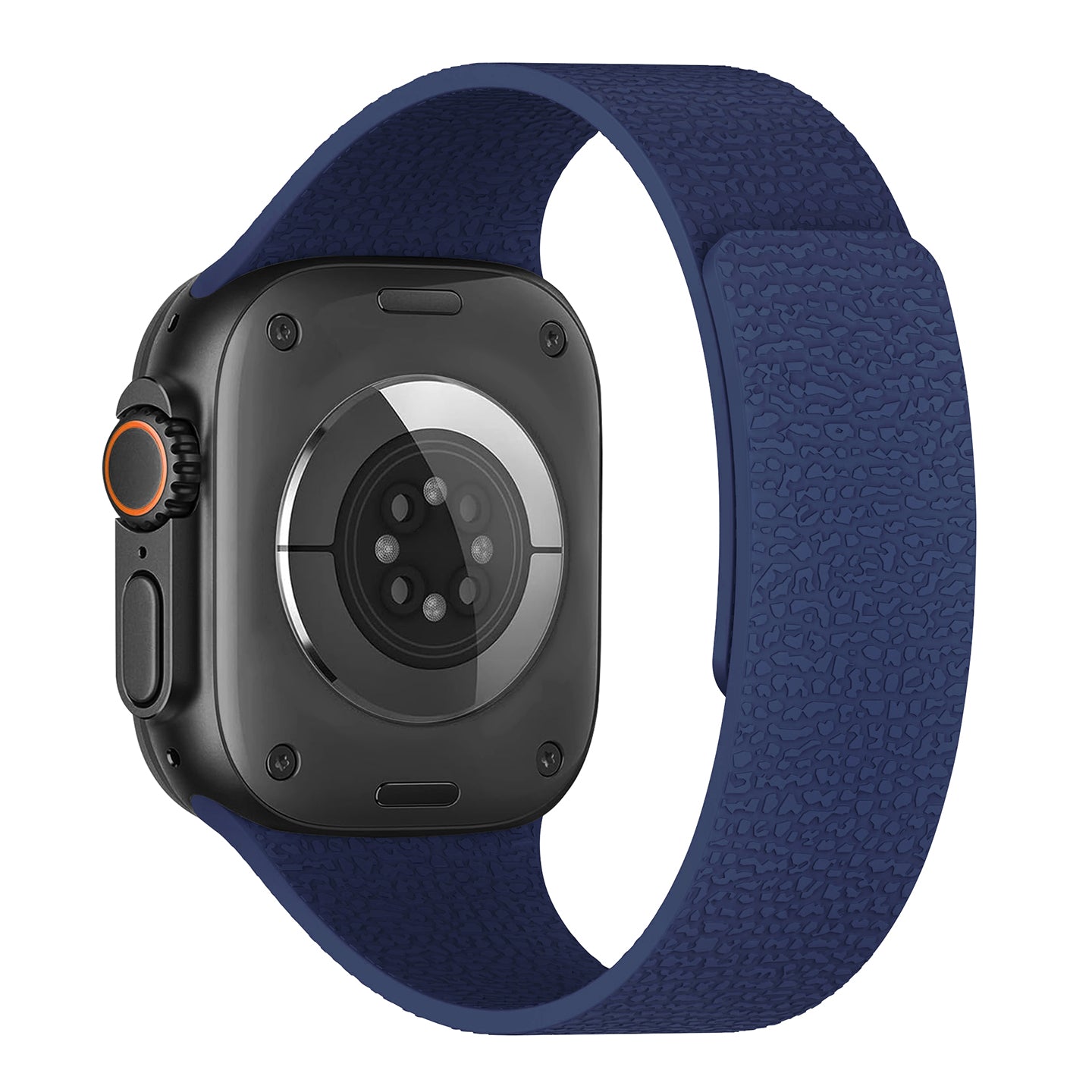 Das arktisband Apple Watch magnetisches Silikonarmband "Flexy" in marineblau, von hinten gezeigt, hebt seinen Sensor und das schwarze Gehäuse hervor.