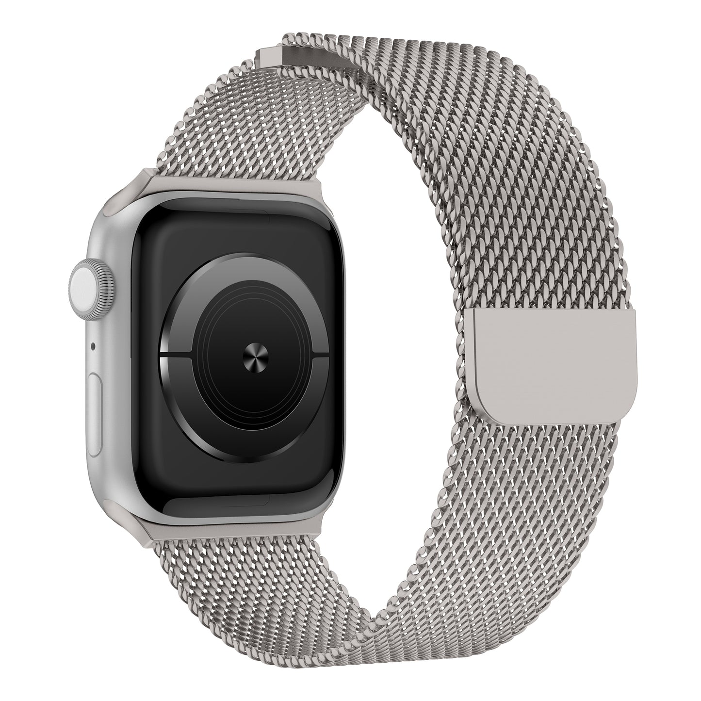 Das silberne Arktisband Apple Watch Milanaise Armband „Bold“ ist von der Seite zu sehen. Es verfügt über ein schwarzes Display, eine sichtbare digitale Krone und einen Verschluss. Dank seines Edelstahl-Mesh-Designs ist es Apple Watch-kompatibel.
