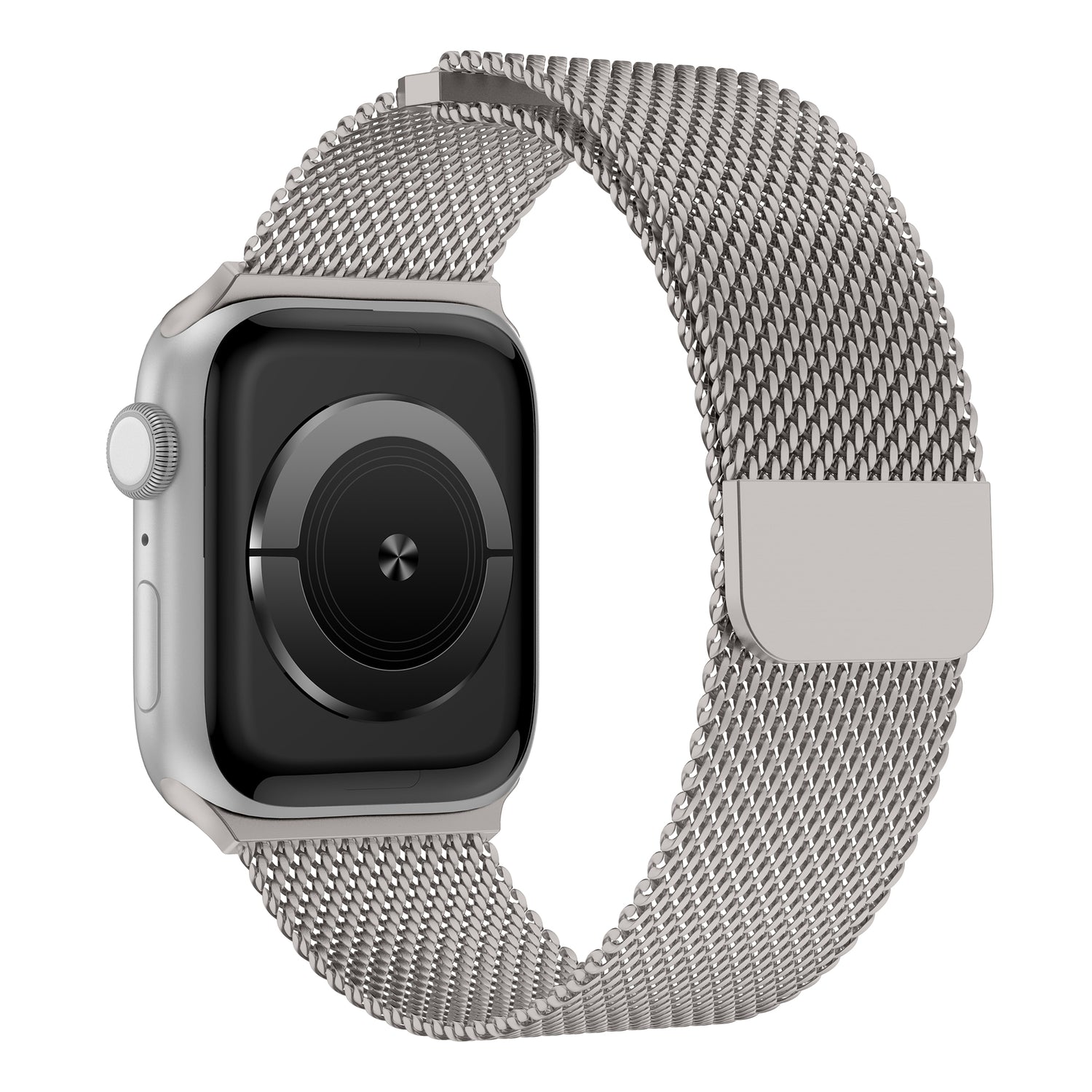 Das silberne Arktisband Apple Watch Milanaise Armband „Bold“ ist von der Seite zu sehen. Es verfügt über ein schwarzes Display, eine sichtbare digitale Krone und einen Verschluss. Dank seines Edelstahl-Mesh-Designs ist es Apple Watch-kompatibel.