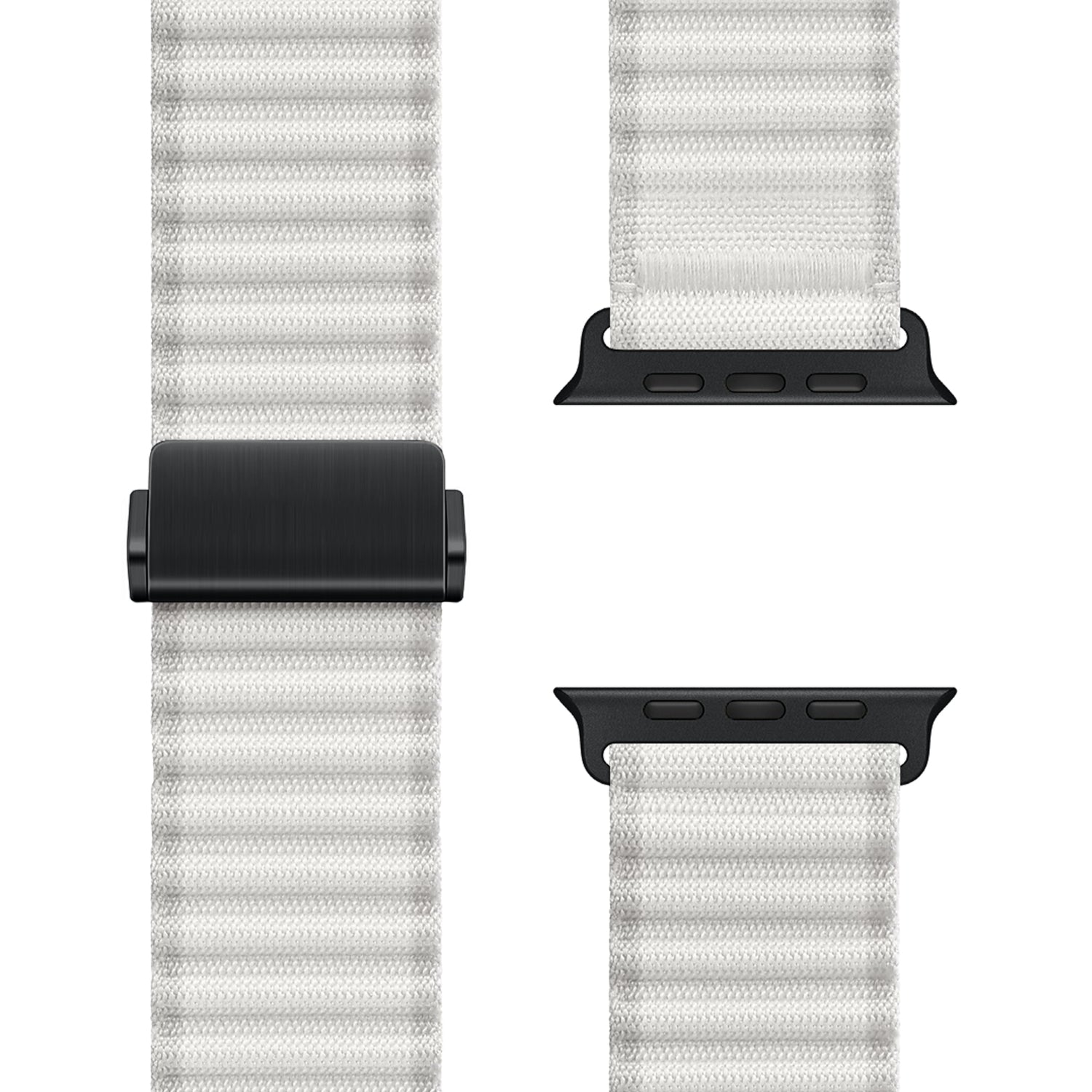 Das arktisband Apple Watch Nylonarmband „Venture“ in Weiß verfügt über ein geripptes Design in Wellenoptik mit schwarzen Verbindungsstücken und Verschluss, dargestellt in drei Teilen auf einem schlichten weißen Hintergrund – ideal für Outdoor-Enthusiasten.