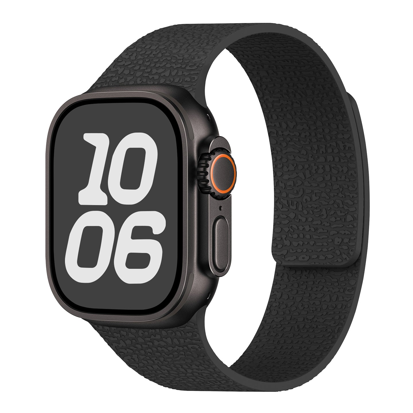 Das Arktisband Apple Watch magnetisches Silikonarmband "Flexy" ist in schwarz gehalten und zeigt die Uhrzeit 10:06 in fetten weißen Ziffern auf seinem Display an.