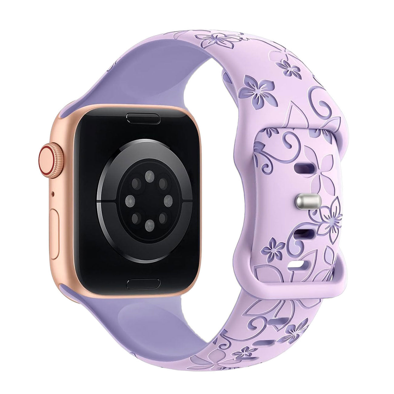 Roségoldfarbene Smartwatch mit Arktisband Apple Watch Silikonarmband "Bloom" in hellem Lila, mit Blumenmuster, von hinten und von der Seite gezeigt.