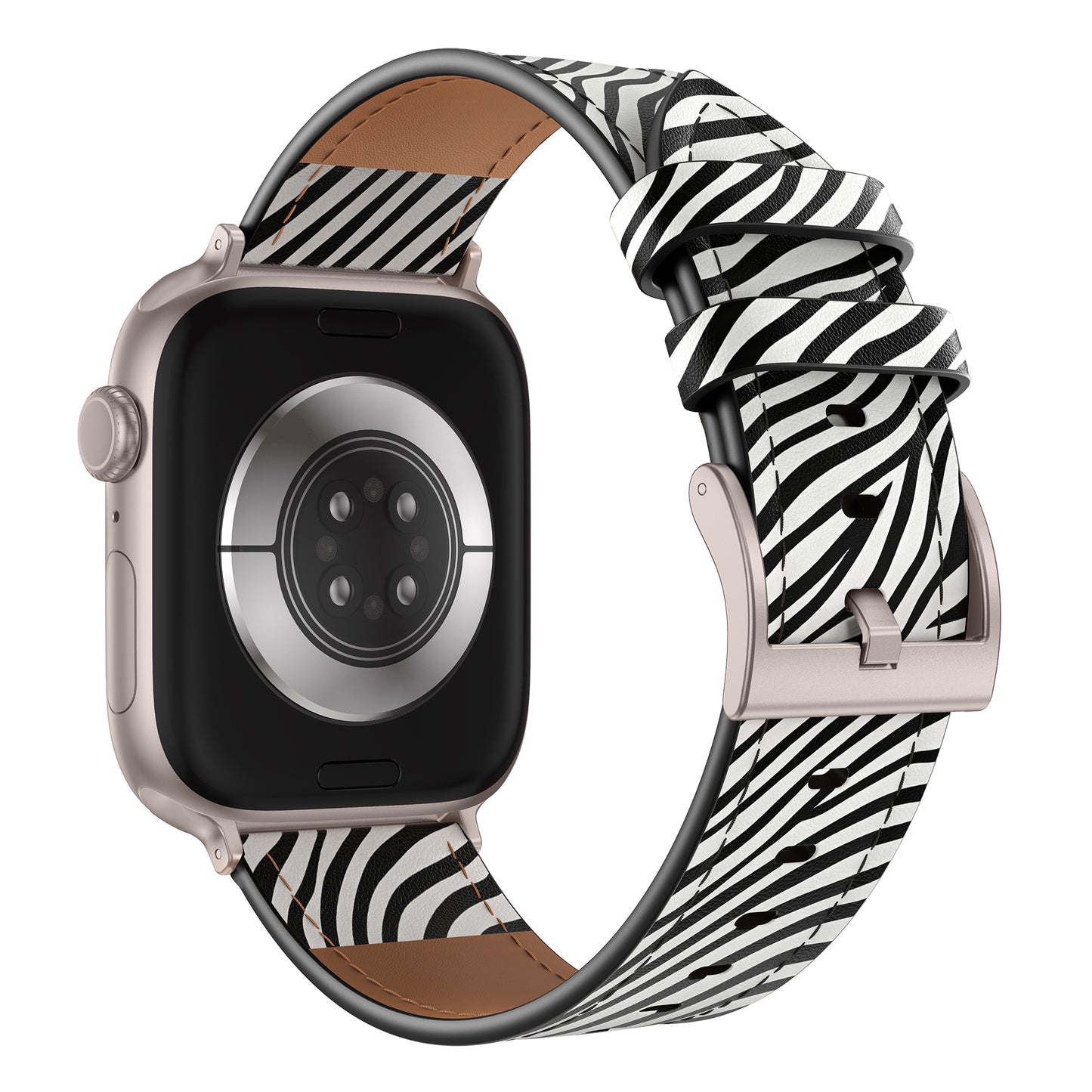 Das arktisband Apple Watch Lederarmband "Studio" in schwarz-weißem Zebramuster zeigt sich von hinten mit einer silbernen Schnalle und verleiht Ihrer Apple Watch einen individuellen Look.