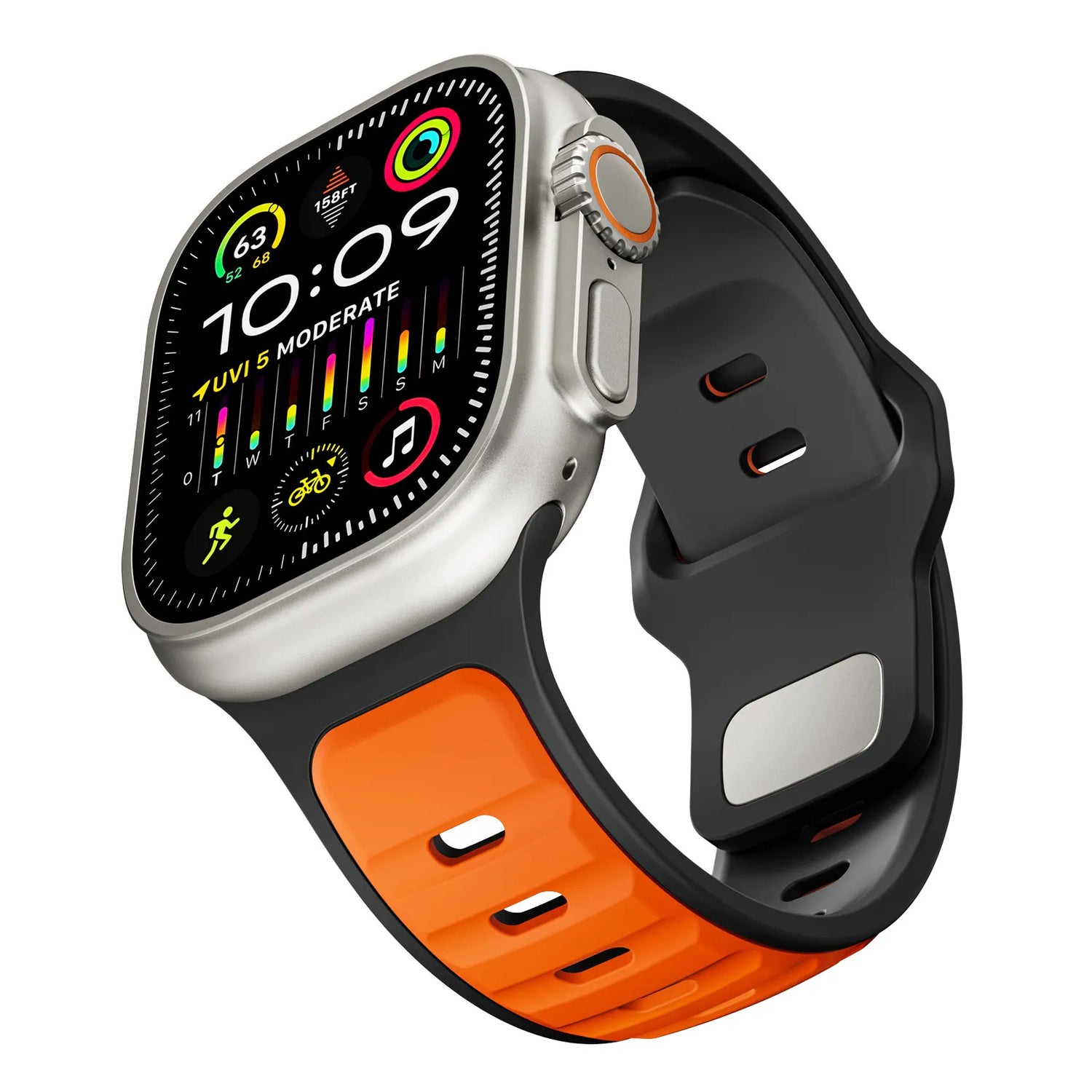 Das arktisband Apple Watch Silikonarmband „Swift“ verfügt über ein schwarz-oranges Design mit Aluminium-Pin-Verschluss und passt perfekt zum farbenfrohen Display Ihrer Smartwatch zur Verfolgung von Fitness- und Gesundheitsdaten.