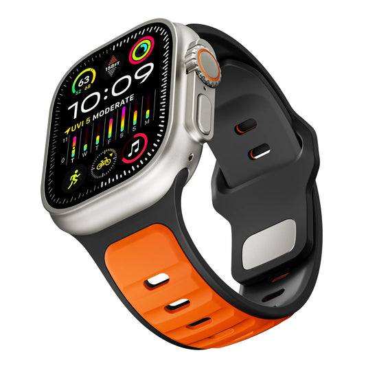 Das arktisband Apple Watch Silikonarmband „Swift“ verfügt über ein schwarz-oranges Design mit Aluminium-Pin-Verschluss und passt perfekt zum farbenfrohen Display Ihrer Smartwatch zur Verfolgung von Fitness- und Gesundheitsdaten.