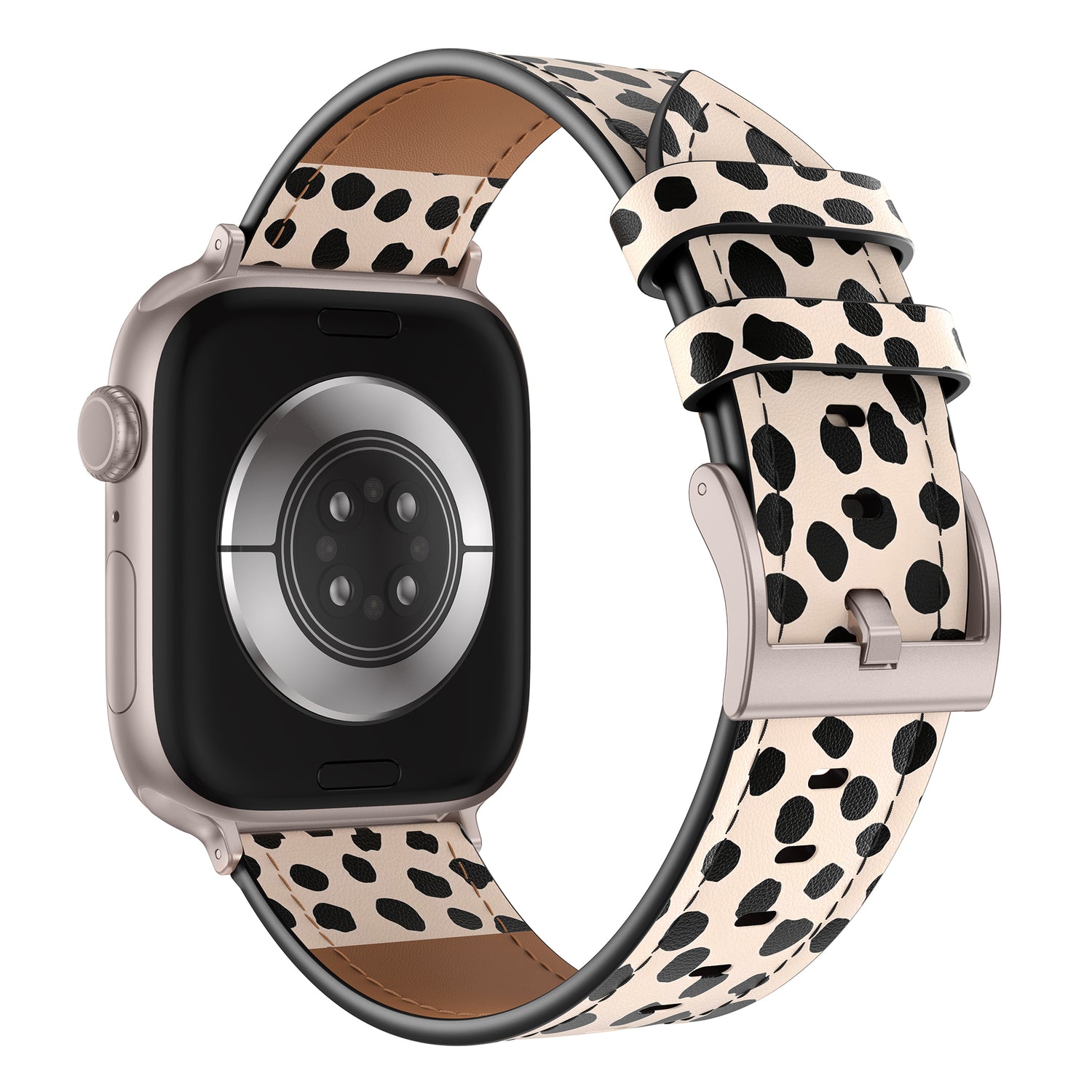 Das arktisband Apple Watch Lederarmband "Studio" ist ein beiges Armband mit schwarzem Tupfenmuster und schwarzem Bildschirm und vereint Stil und Individualität von arktisband.