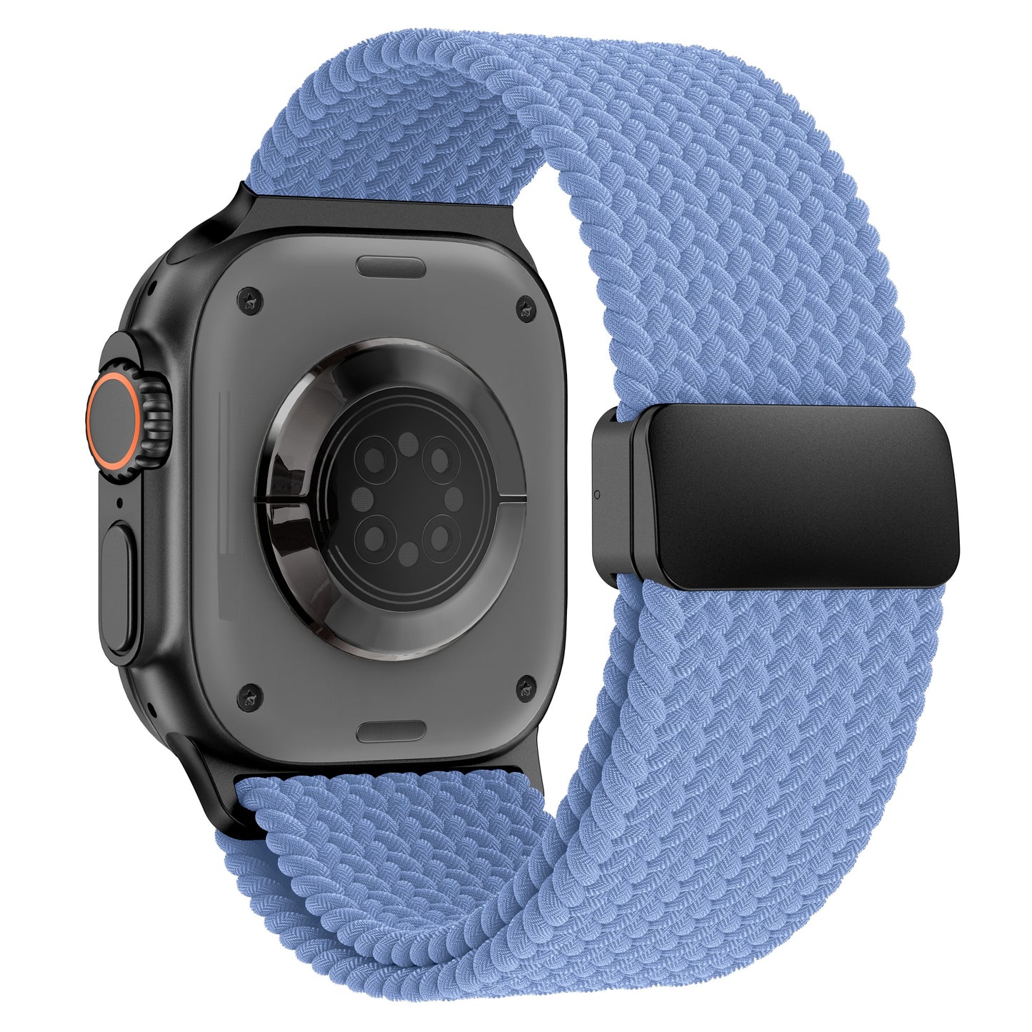 Blaues Arktisband – Geflochtenes Apple Watch Ultra-Armband Casual mit schwarzem Magnetverschluss an einer schwarzen Smartwatch.