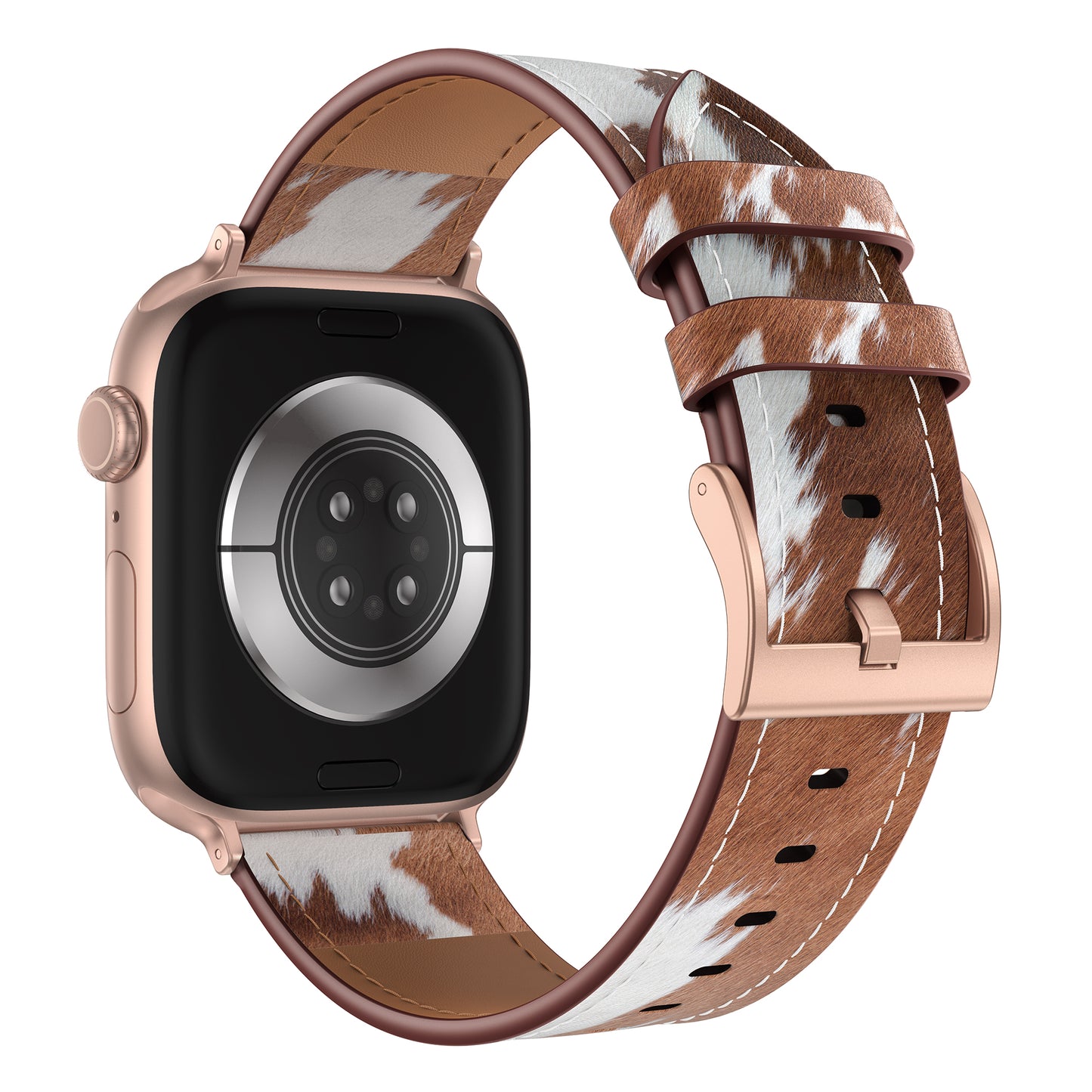 Eine Apple Watch mit roségoldenem Gehäuse und dem arktisband Apple Watch Lederarmband "Studio" in braunem und weißem Kuh-Print von arktisband, von hinten abgebildet und mit einem individuellen Design versehen.