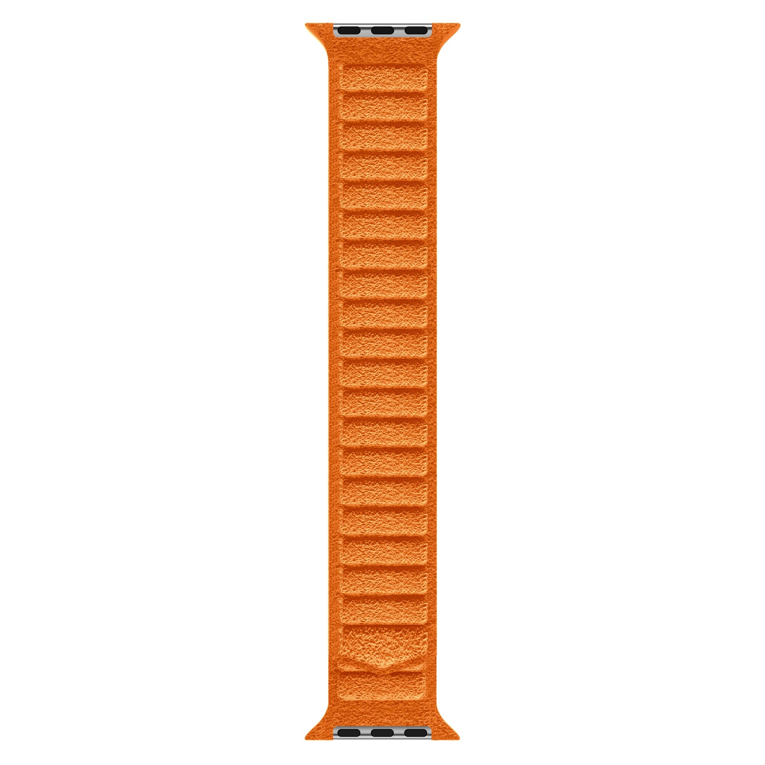 Das arktisband Apple Watch magnetisches Armband aus Alcantara mit orangefarbener, geriffelter Textur steht senkrecht auf weißem Hintergrund.