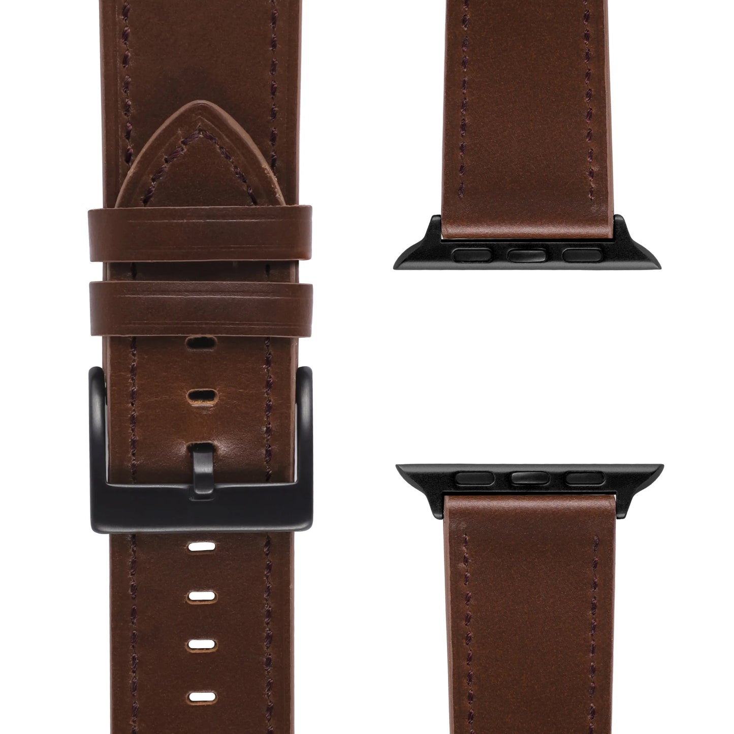 Braunes arktisband Apple Watch Lederarmband "Premium" aus Echtleder mit schwarzer Schließe und Adaptern, von vorne und seitlich auf weißem Hintergrund gezeigt.