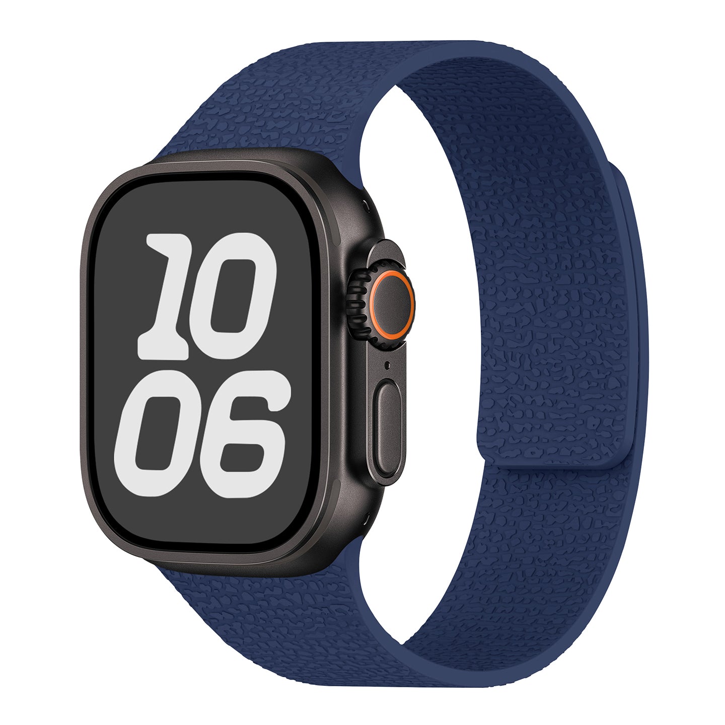 Das Arktisband Apple Watch magnetisches Silikonarmband "Flexy" verfügt über ein blaues, flexibles Band und zeigt große weiße Zahlen (10:06) auf seinem Display an.