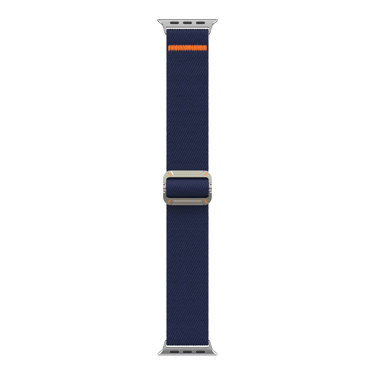 Das arktisband Apple Watch Nylonarmband "FlexOne" ist ein marineblaues Nylonband mit einer silbernen Schnalle und einem orangefarbenen Streifen an einem Ende, kompatibel mit der Apple Watch.