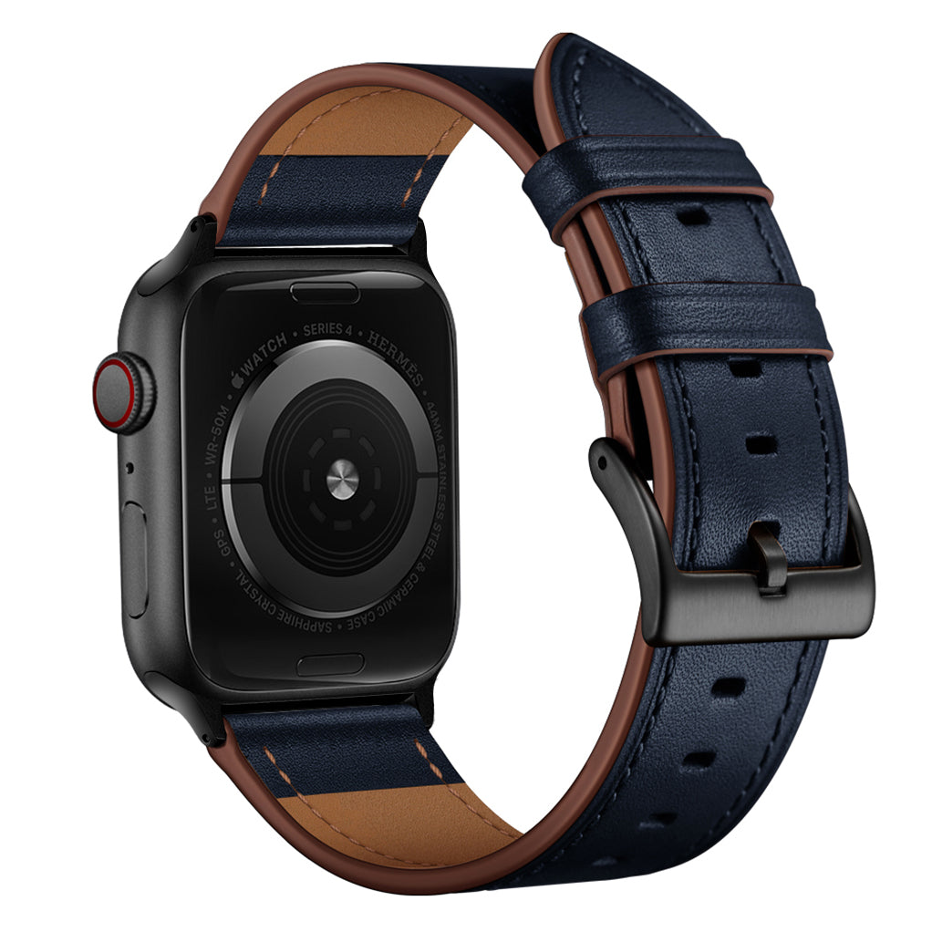 Eine schwarze Arktisband Apple Watch mit einem "Premium" Echtlederarmband in braun und marineblau, von hinten gesehen.